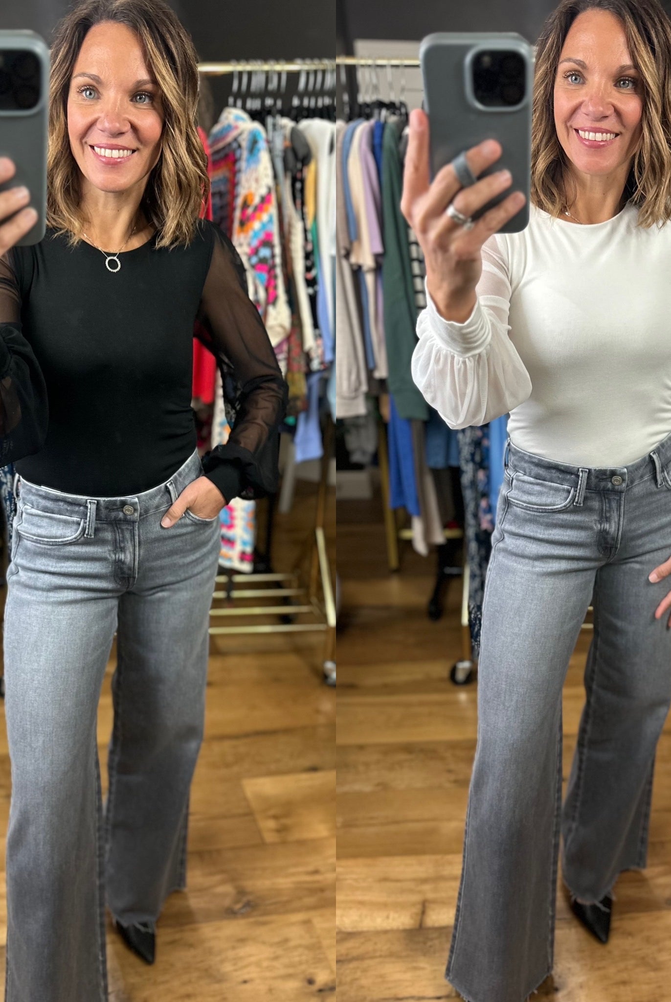 Looking Back Sheer-Sleeve Bodysuit-Long Sleeves-Wasabi & Mint-Anna Kaytes Boutique, Women's Fashion Boutique in Grinnell, Iowa