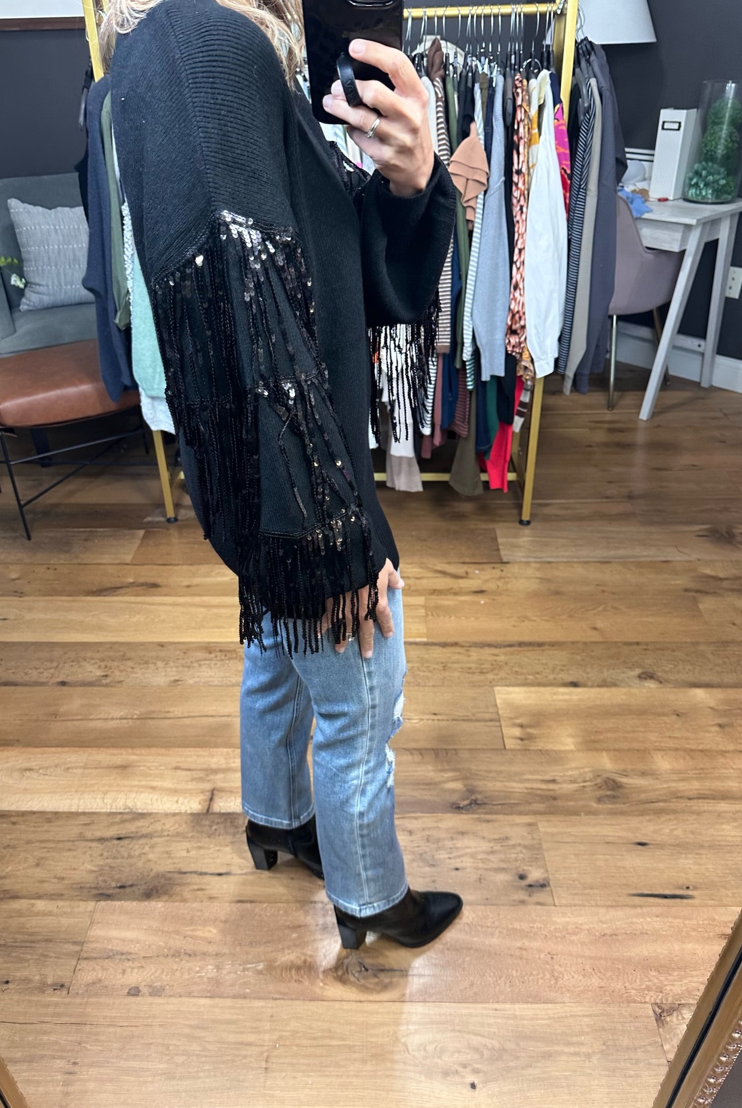 The Right Moves Fringe + Sequin Sleeve Sweater - Black-Sweaters-Listicle LSW0834-Anna Kaytes Boutique, Women's Fashion Boutique in Grinnell, Iowa