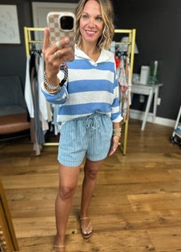 The Noah Pinstripe Chambray Paperbag Shorts-Blu Pepper-Anna Kaytes Boutique, Women's Fashion Boutique in Grinnell, Iowa