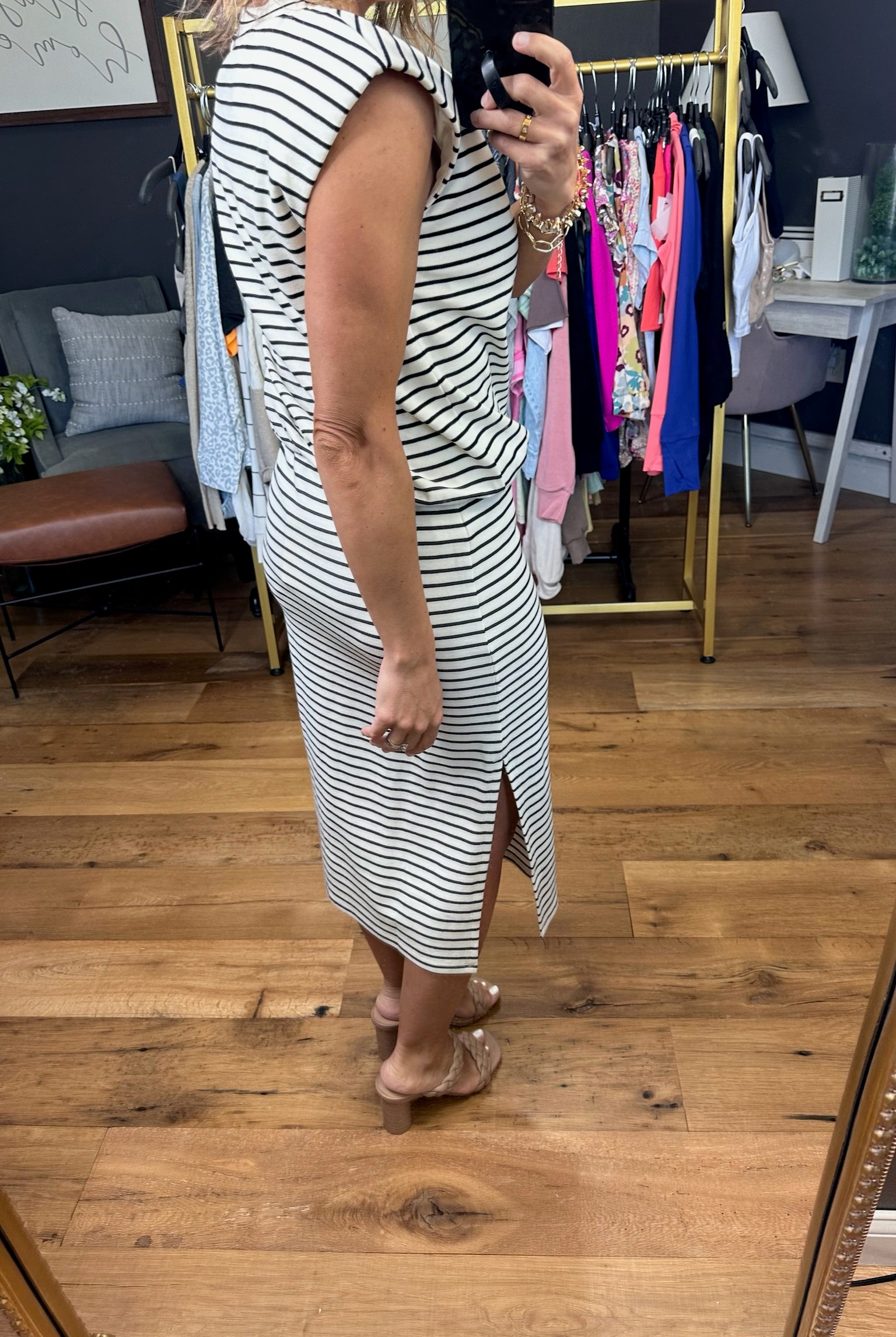 Heard Right Cap Sleeve Top + Side Slit Skirt Set - Ivory/Black-Skirts-Skies Are Blue-Anna Kaytes Boutique, Women's Fashion Boutique in Grinnell, Iowa