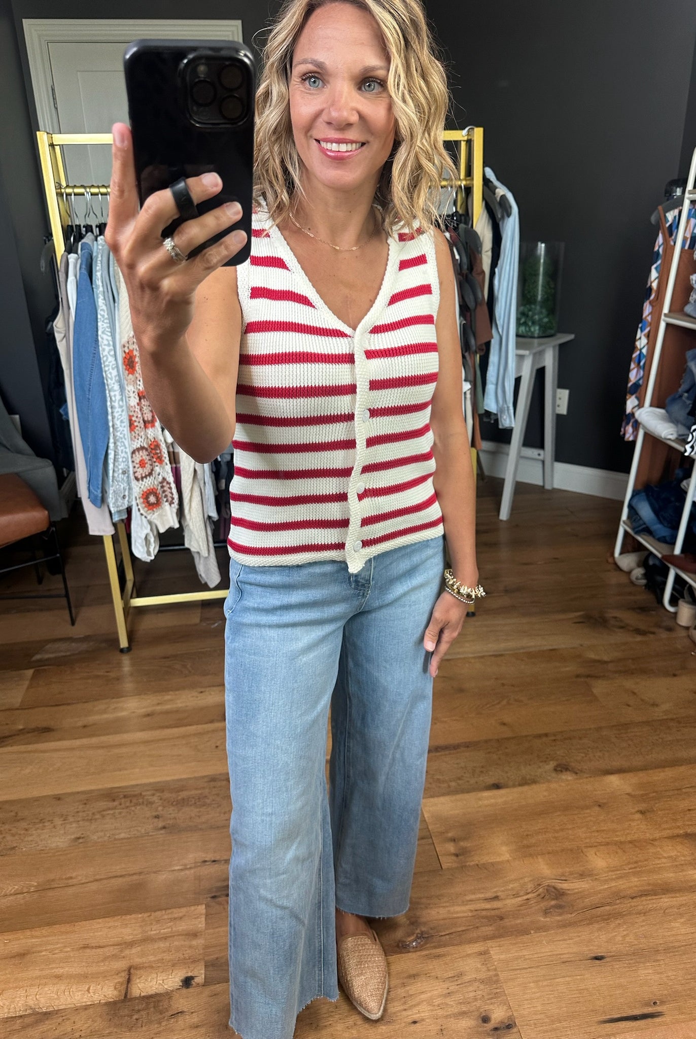 Show Your Love Striped Sweater Button-Detail Sweater Vest - Off-White/Red-Vests-Wishlist-Anna Kaytes Boutique, Women's Fashion Boutique in Grinnell, Iowa