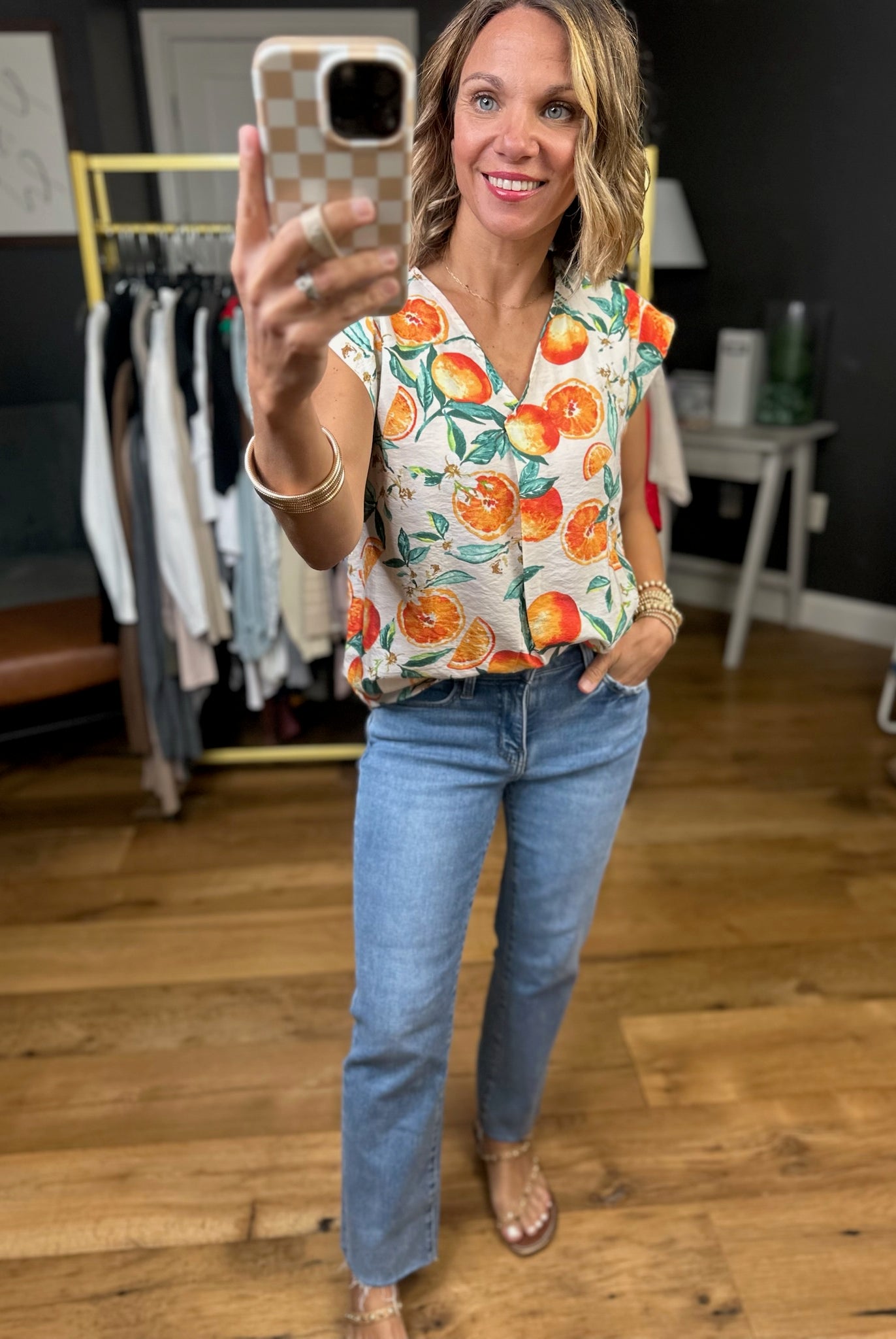 Sun-Kissed Citrus V-Neck Top-Les Amis-Anna Kaytes Boutique, Women's Fashion Boutique in Grinnell, Iowa