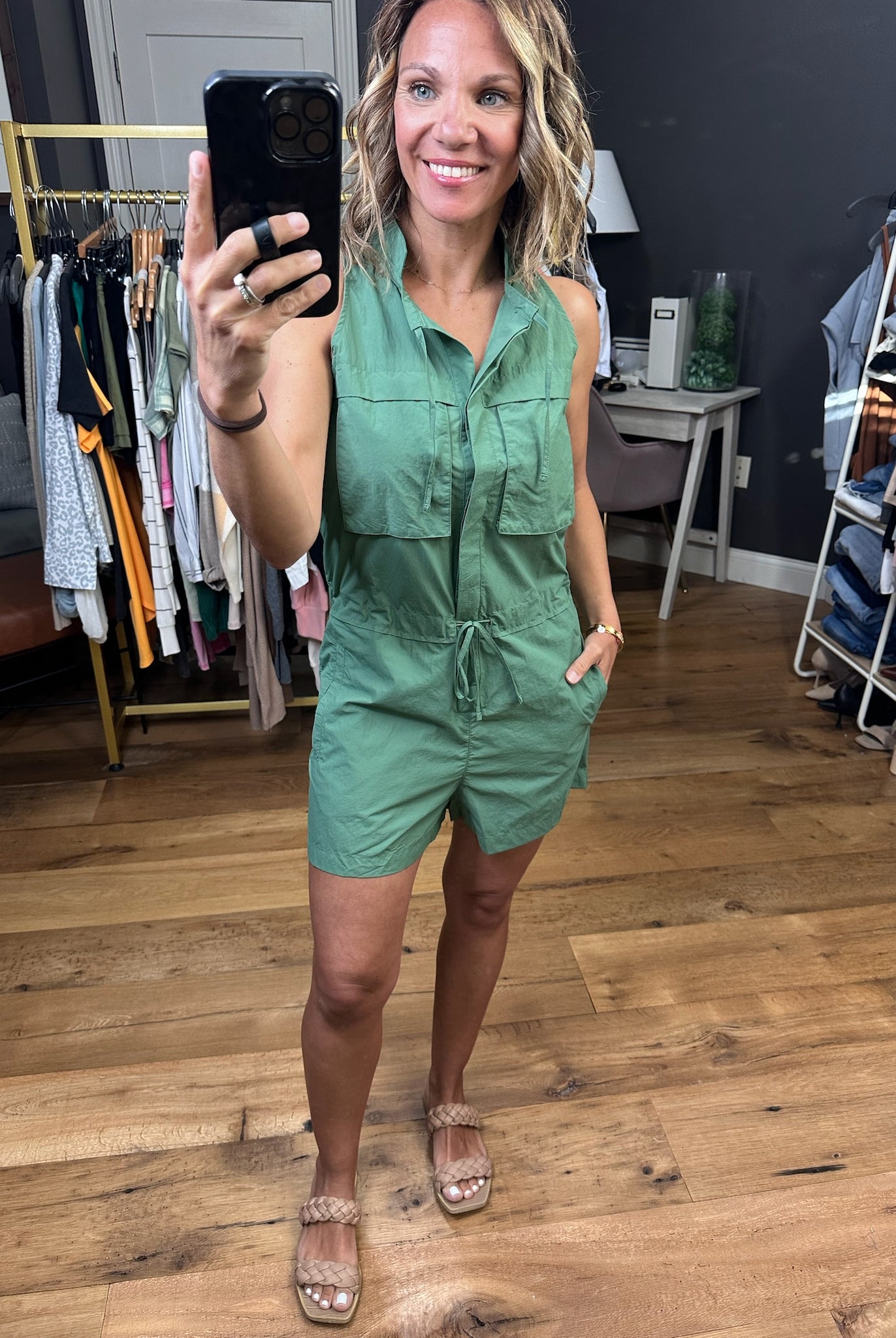 In My Power Sleeveless Utility Romper - Dark Basil-Rompers-Mono B-Anna Kaytes Boutique, Women's Fashion Boutique in Grinnell, Iowa