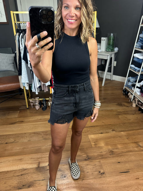 The Lainey Distressed Hem Shorts - Vintage Black-Kan Can KC9145DG-Anna Kaytes Boutique, Women's Fashion Boutique in Grinnell, Iowa