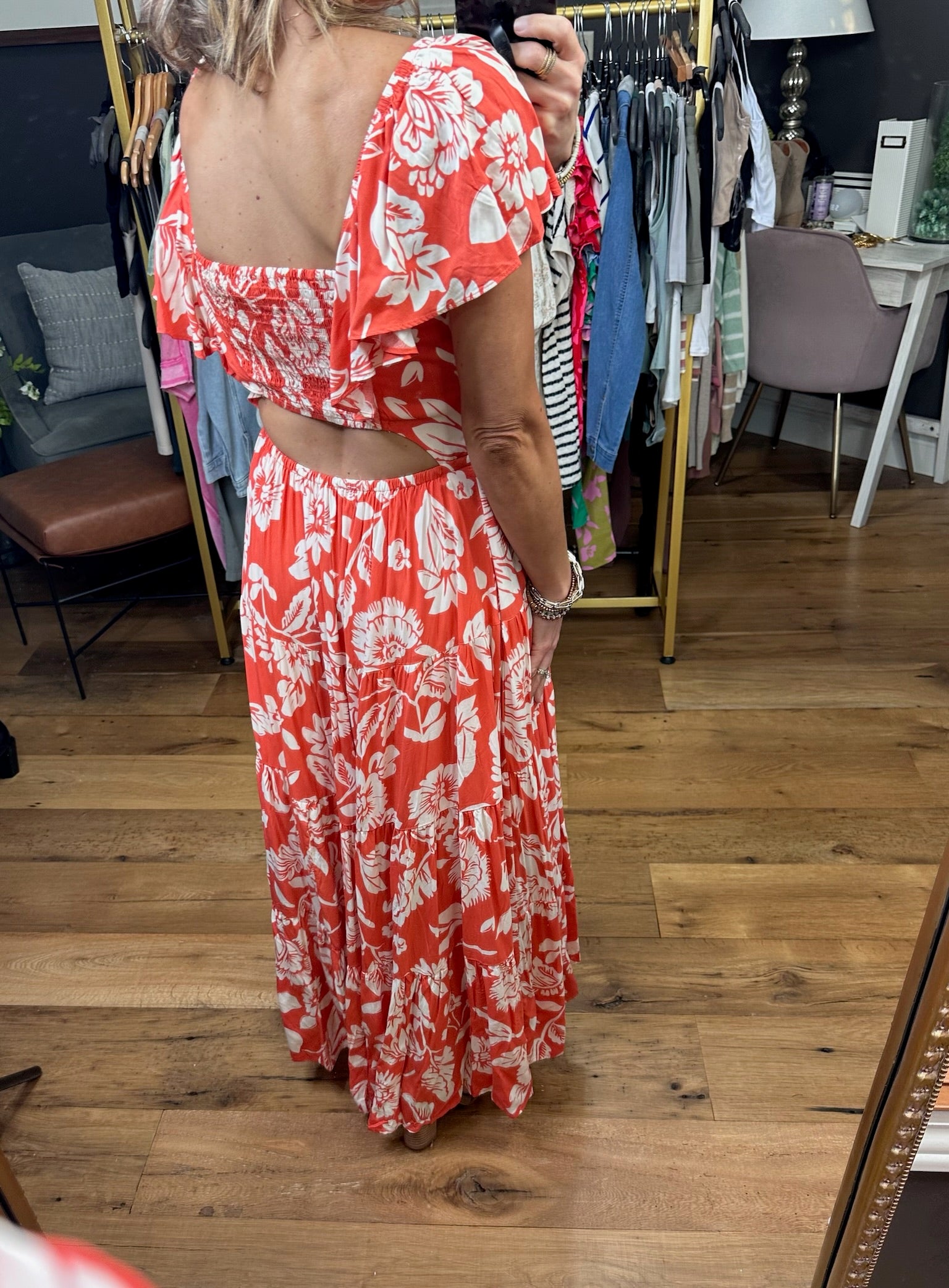 Sunshine State Floral Dress - Deep Orange-Dresses-Entro D22320-Anna Kaytes Boutique, Women's Fashion Boutique in Grinnell, Iowa