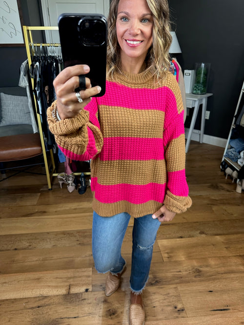 Put Into Words Knit Striped Crew Sweater - Camel/Fuchsia-By Together W1033-Anna Kaytes Boutique, Women's Fashion Boutique in Grinnell, Iowa