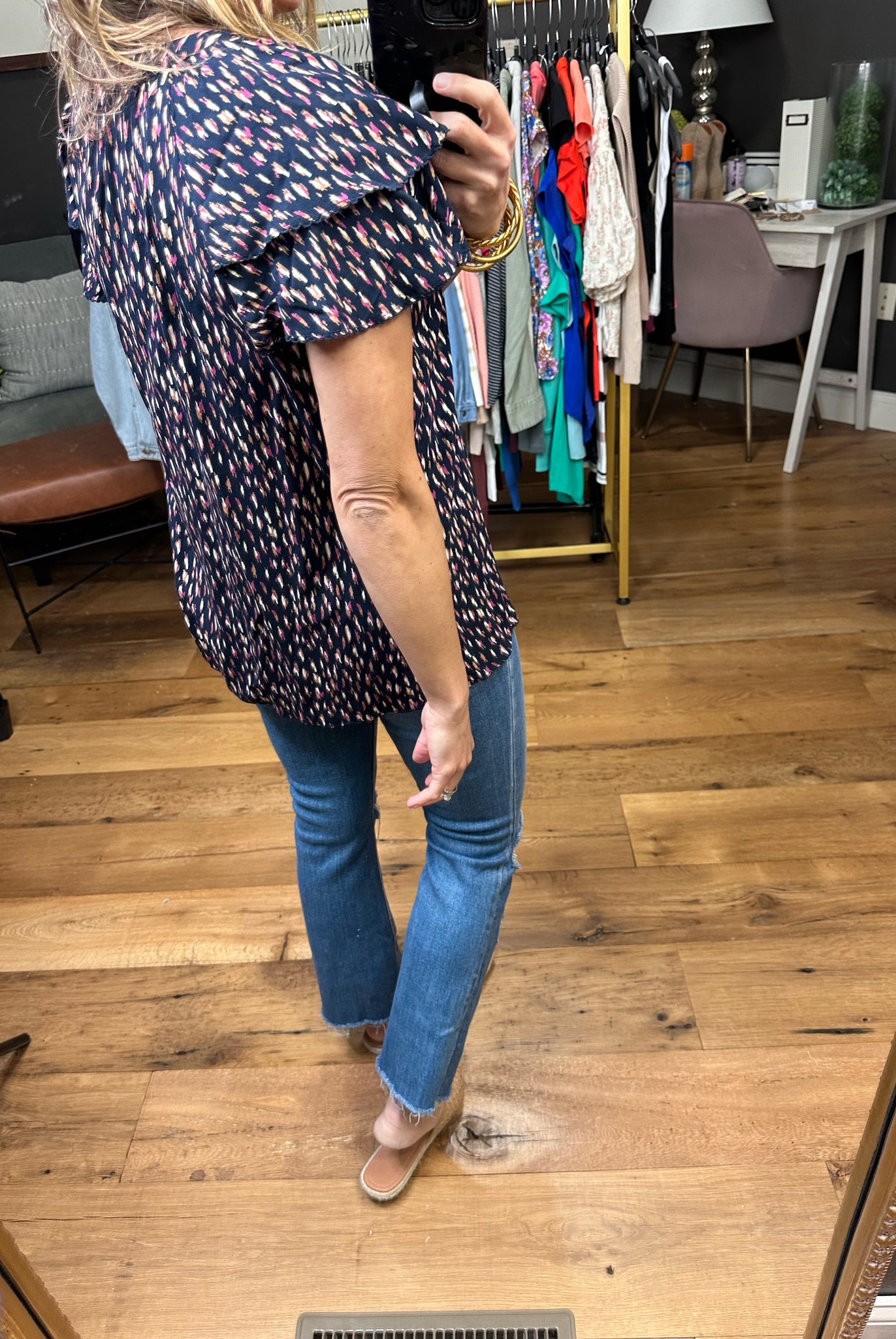 In The Best Way Flutter Sleeve Patterned Top - Navy-Short Sleeves-Skies ArE Blue 45306-Anna Kaytes Boutique, Women's Fashion Boutique in Grinnell, Iowa