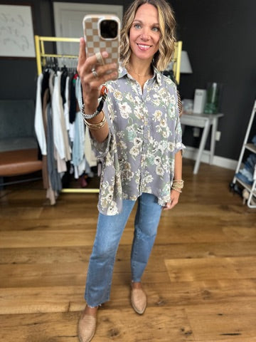 Kind Of Love Floral Button-Down Top - Grey-Eesome-Anna Kaytes Boutique, Women's Fashion Boutique in Grinnell, Iowa