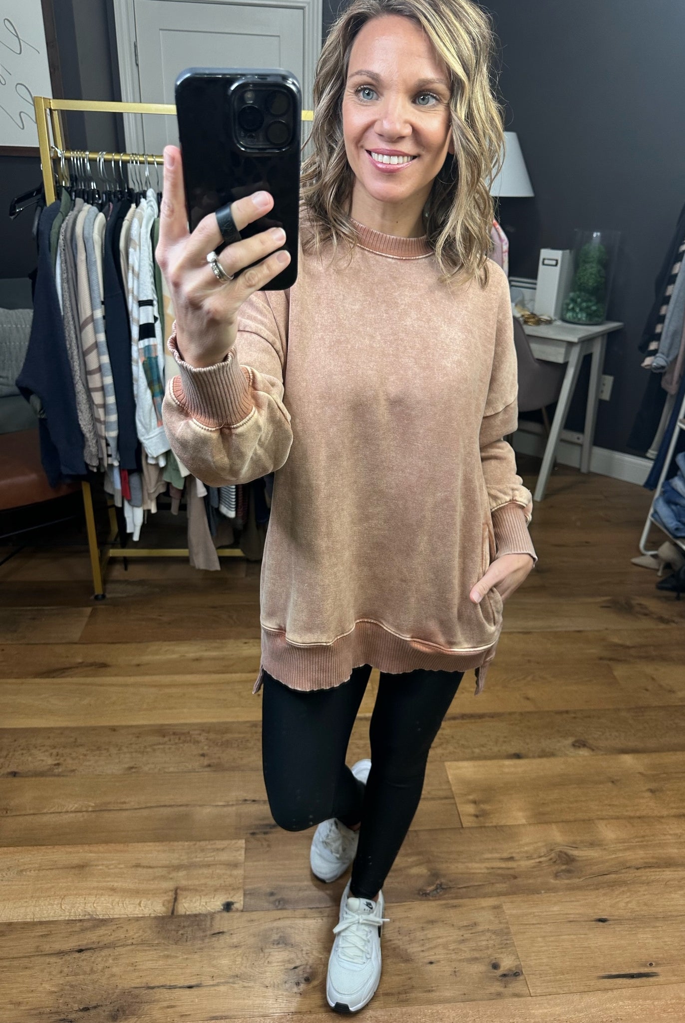 Interested To See Mineral Wash Pocket Crewneck Sweatshirt - Rust-Sweaters-Zenana OTW-4552y-Anna Kaytes Boutique, Women's Fashion Boutique in Grinnell, Iowa