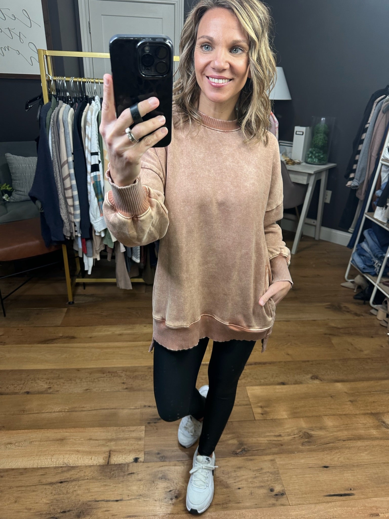 Interested To See Mineral Wash Pocket Crewneck Sweatshirt - Rust-Sweaters-Zenana OTW-4552y-Anna Kaytes Boutique, Women's Fashion Boutique in Grinnell, Iowa