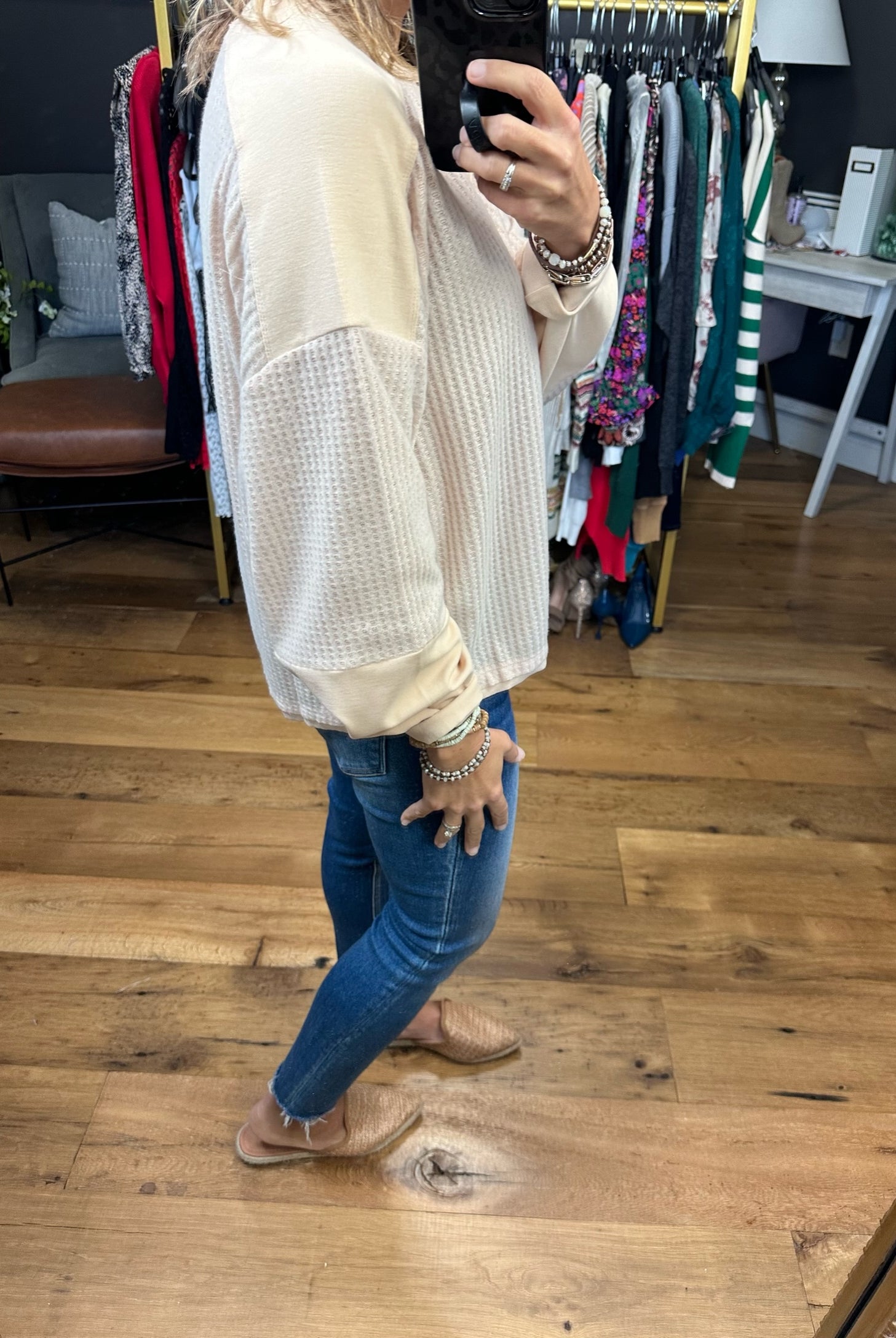 Major Feeling Henley Longsleeve Waffle Top - Oatmilk-Long Sleeves-Wishlist WL23-7680-Anna Kaytes Boutique, Women's Fashion Boutique in Grinnell, Iowa