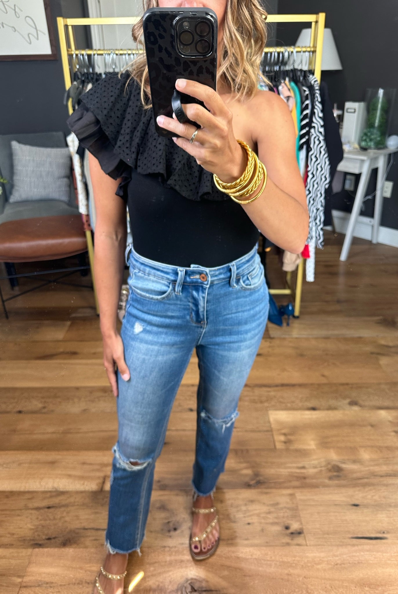 City Lights One Shoulder Ruffled Bodysuit - Black-Bodysuits-EESOME TK7630-Anna Kaytes Boutique, Women's Fashion Boutique in Grinnell, Iowa