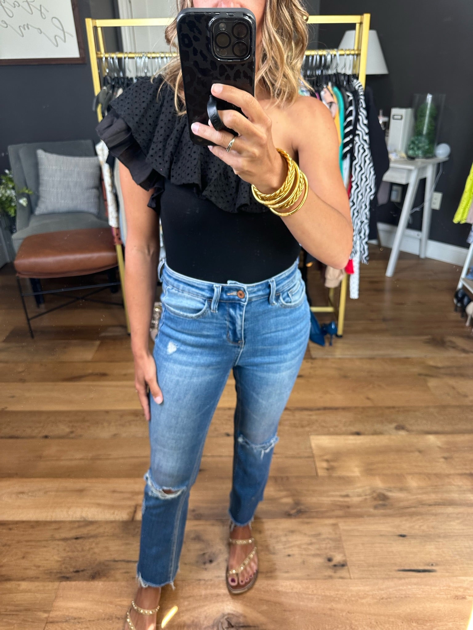 City Lights One Shoulder Ruffled Bodysuit - Black-Bodysuits-EESOME TK7630-Anna Kaytes Boutique, Women's Fashion Boutique in Grinnell, Iowa
