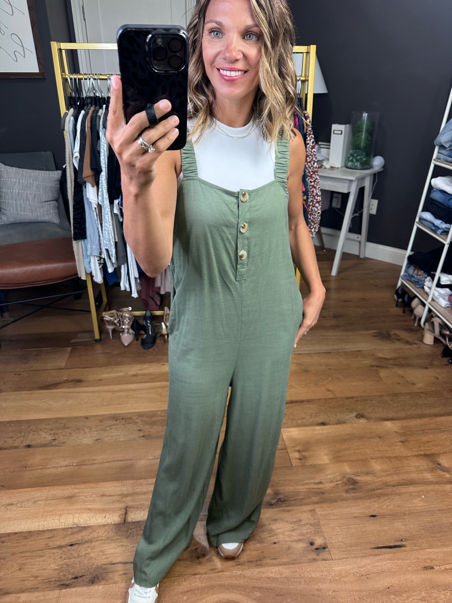 Always Listening Wide-Leg Jumpsuit - Olive-Jumpsuits-Wishlist WL22-7147-Anna Kaytes Boutique, Women's Fashion Boutique in Grinnell, Iowa