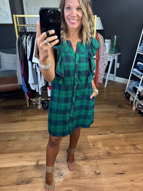 Best Feelings Plaid Dress With Flutter Detail - Green/Navy-Entro D21070-Anna Kaytes Boutique, Women's Fashion Boutique in Grinnell, Iowa