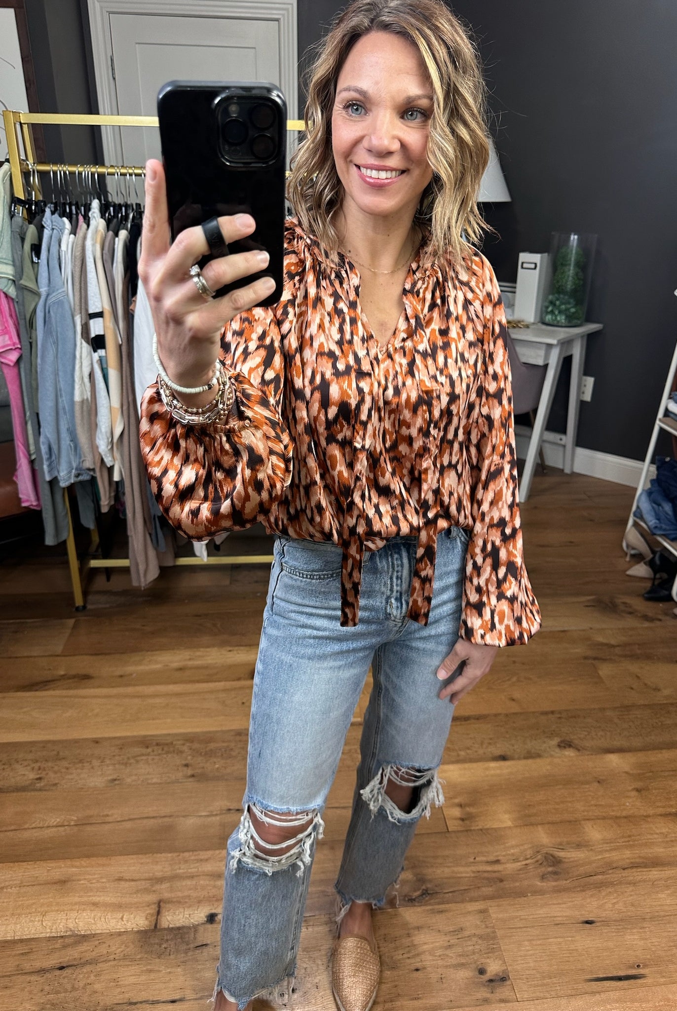 Clock Is Ticking Patterned Balloon Sleeve Top - Brown Multi-Long Sleeves-Skies Are Blue 43636-Anna Kaytes Boutique, Women's Fashion Boutique in Grinnell, Iowa