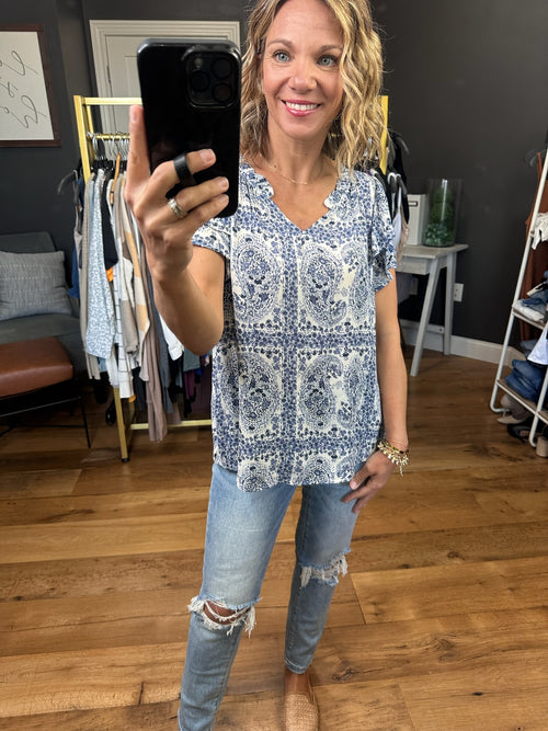 The Other Side Paisley Patterned Top - Denim-Les Amis T1494-Anna Kaytes Boutique, Women's Fashion Boutique in Grinnell, Iowa