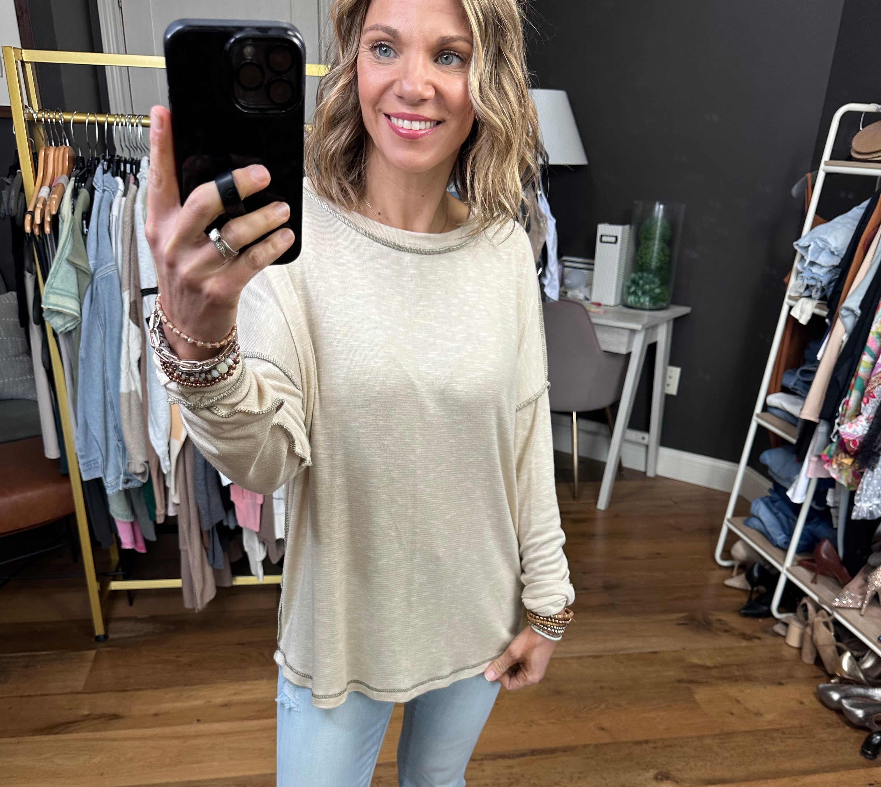 True Already Washed Raw Hem Long Sleeve Top - Oatmeal-Long Sleeves-Staccato 17125c-Anna Kaytes Boutique, Women's Fashion Boutique in Grinnell, Iowa