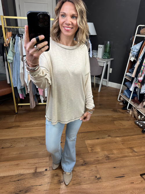 True Already Washed Raw Hem Long Sleeve Top - Oatmeal-Staccato 17125c-Anna Kaytes Boutique, Women's Fashion Boutique in Grinnell, Iowa