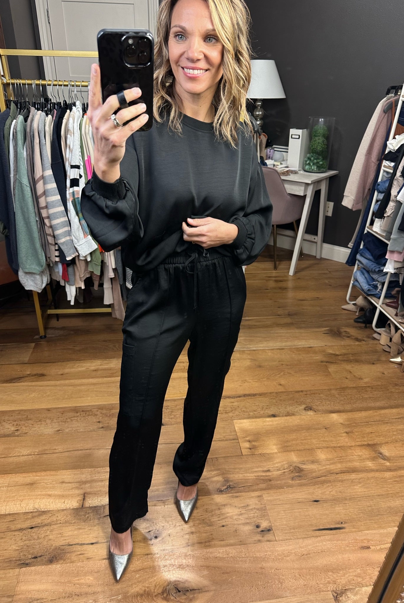 Go My Way Satin High-Waisted Pant - Black-Pants-Skies Are Blue 74145-Anna Kaytes Boutique, Women's Fashion Boutique in Grinnell, Iowa