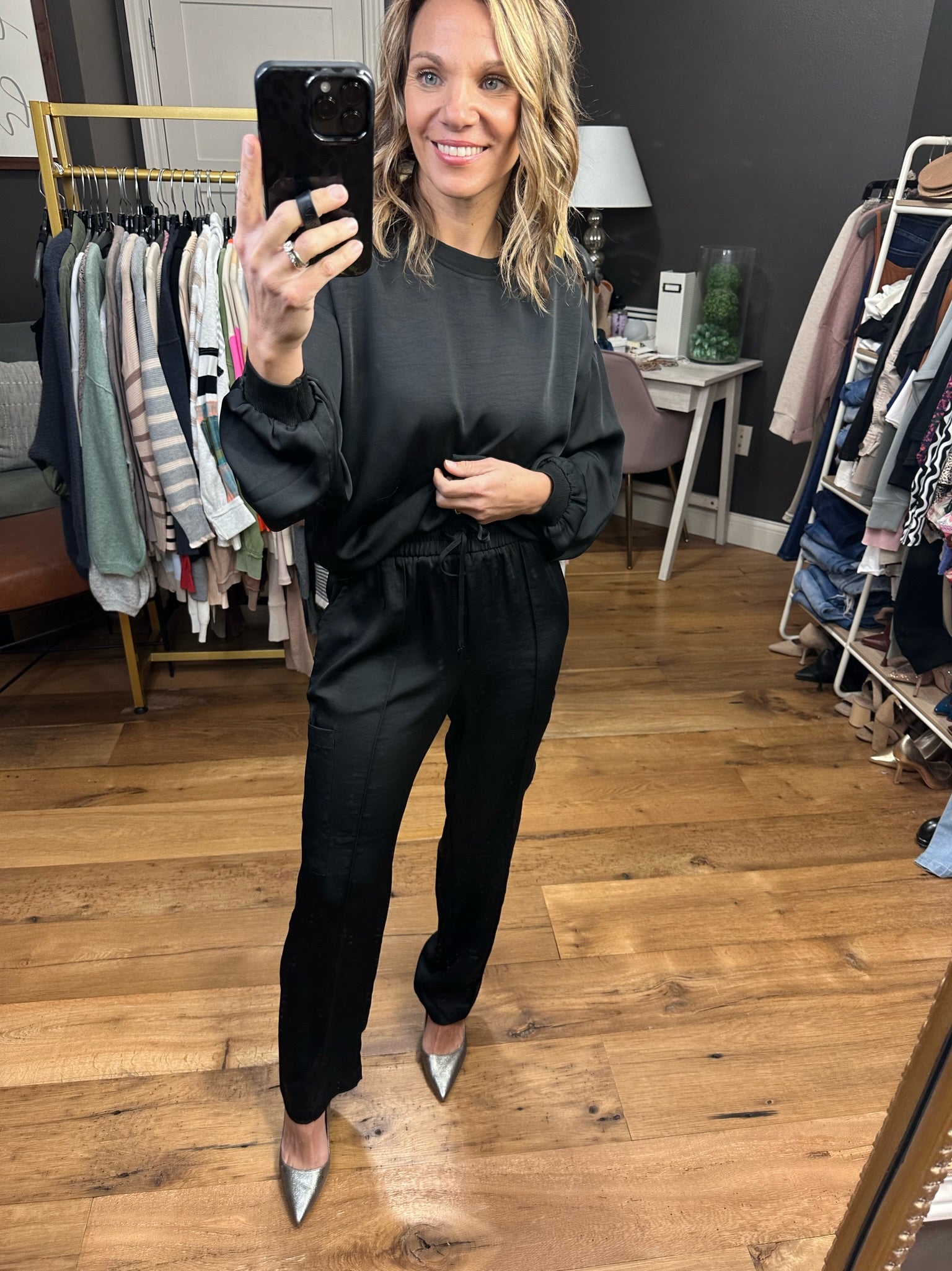 Go My Way Satin High-Waisted Pant - Black-Pants-Skies Are Blue 74145-Anna Kaytes Boutique, Women's Fashion Boutique in Grinnell, Iowa