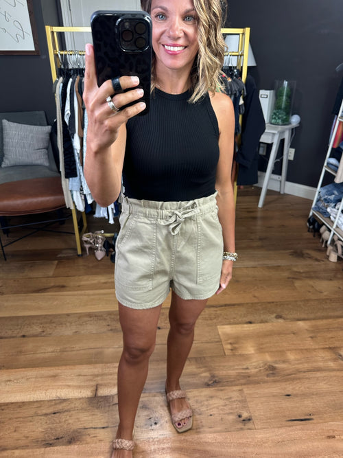 In The Know Paper Bag Short With Drawstring Waist - Olive Khaki-Wishist WL20-5300-Anna Kaytes Boutique, Women's Fashion Boutique in Grinnell, Iowa