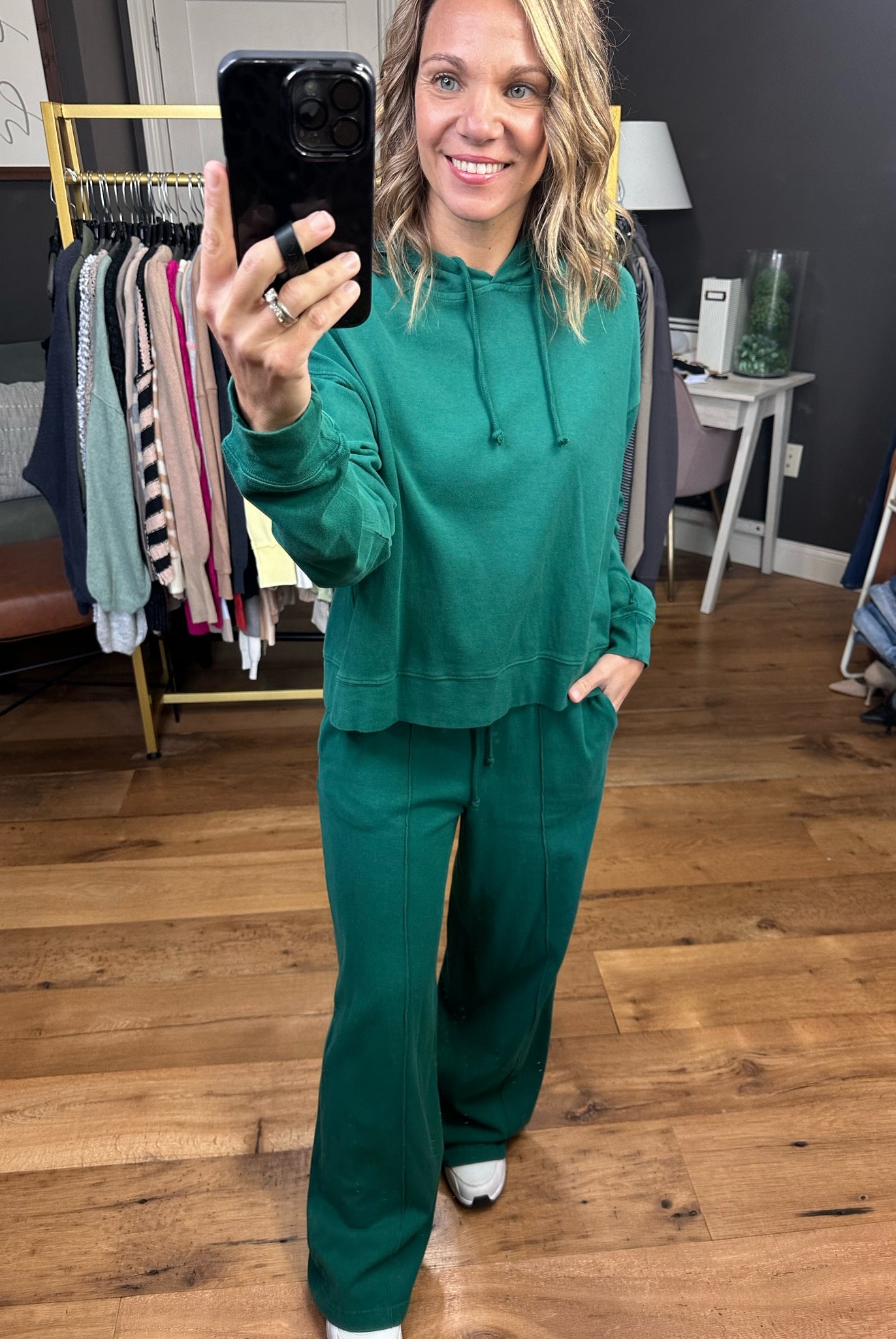The Gabby Wide Leg + Hoodie Set - Pine Green-Two Piece Set-Double zero dz23e999 dz23g455-Anna Kaytes Boutique, Women's Fashion Boutique in Grinnell, Iowa