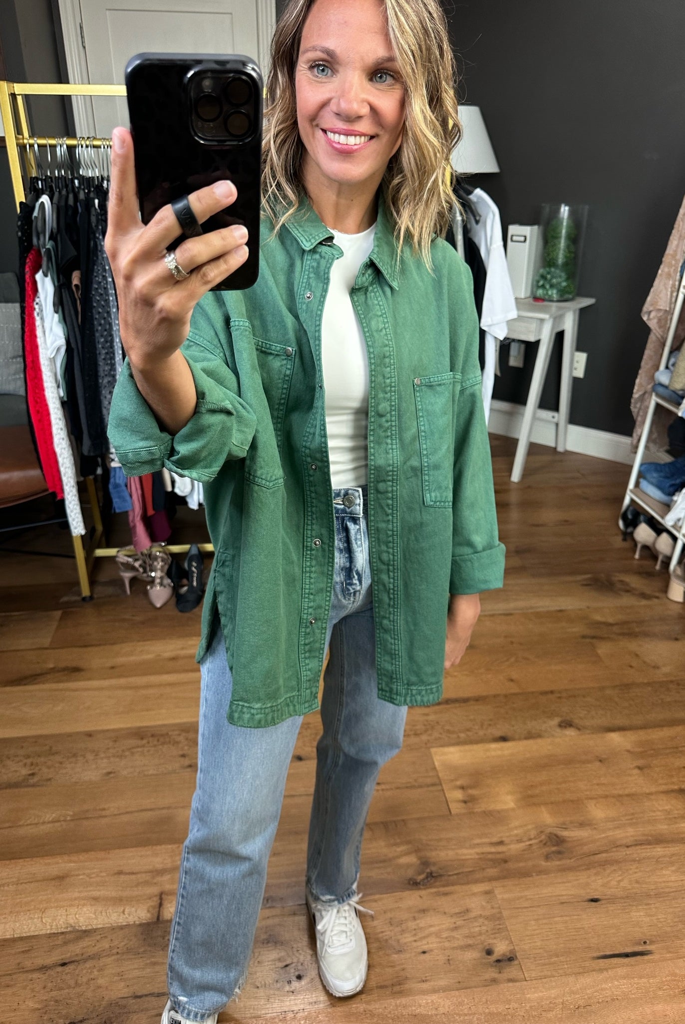 Need A Break Oversized Denim Shacket - Green-Jackets-Bucketlist IJ3010-Anna Kaytes Boutique, Women's Fashion Boutique in Grinnell, Iowa