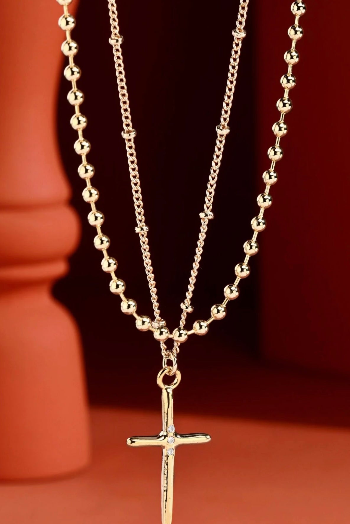 Double Chain Large Cross Necklace- Gold-Necklace-Anna Kaytes Boutique-Anna Kaytes Boutique, Women's Fashion Boutique in Grinnell, Iowa