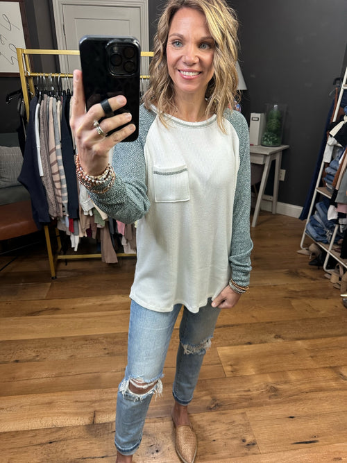 Here's The Deal Raglan Long Sleeve Top - Ivory/Hunter green-Staccato 14155P-Anna Kaytes Boutique, Women's Fashion Boutique in Grinnell, Iowa