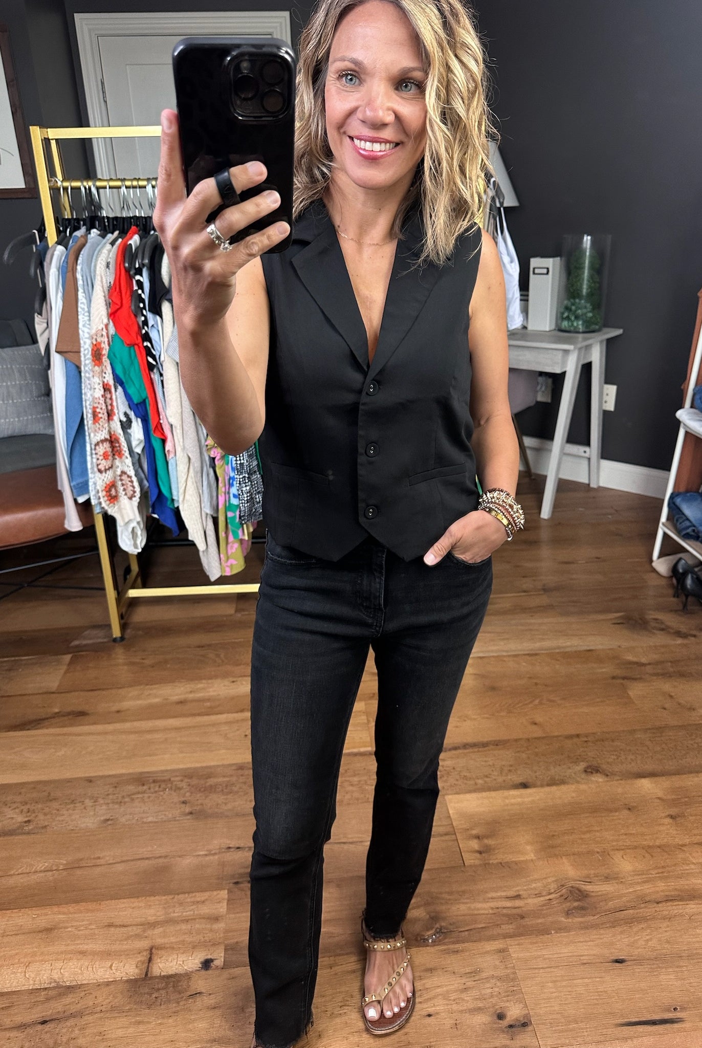 Moment of Truth Button Detail Vest - Black-Vests-Skies Are Blue-Anna Kaytes Boutique, Women's Fashion Boutique in Grinnell, Iowa