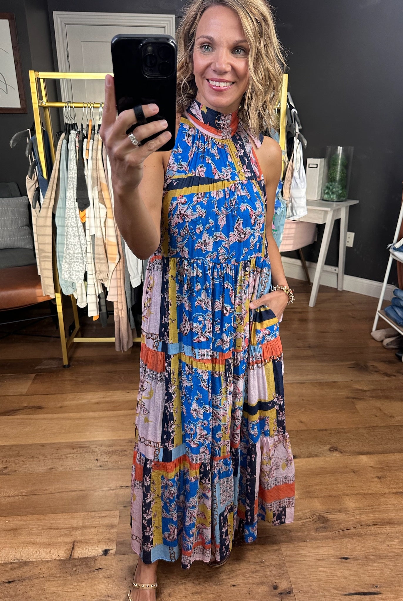 Heart of Gold High-Neck Patchwork Dress - Blue Combo-Dresses-Entro-Anna Kaytes Boutique, Women's Fashion Boutique in Grinnell, Iowa