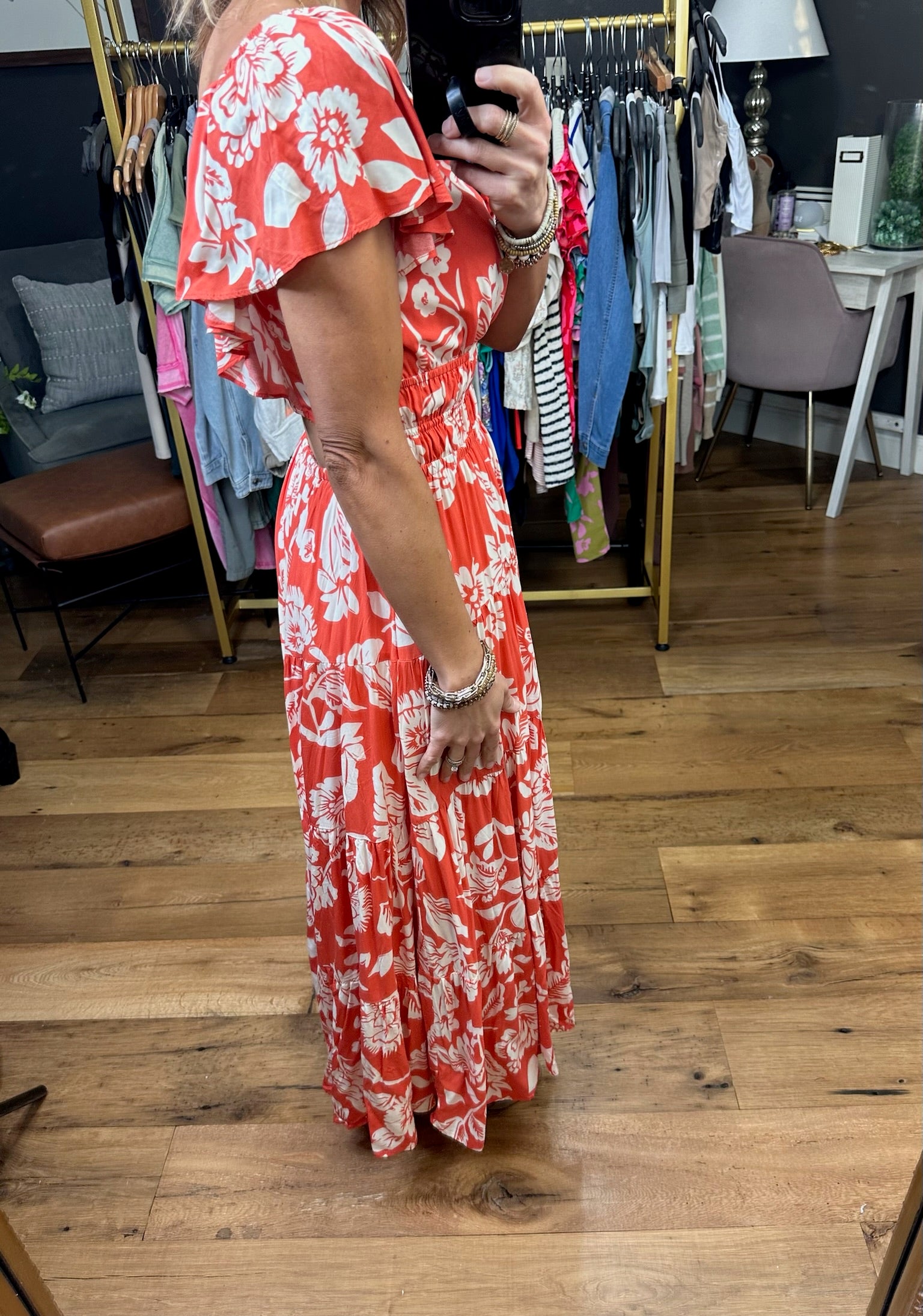 Sunshine State Floral Dress - Deep Orange-Dresses-Entro D22320-Anna Kaytes Boutique, Women's Fashion Boutique in Grinnell, Iowa