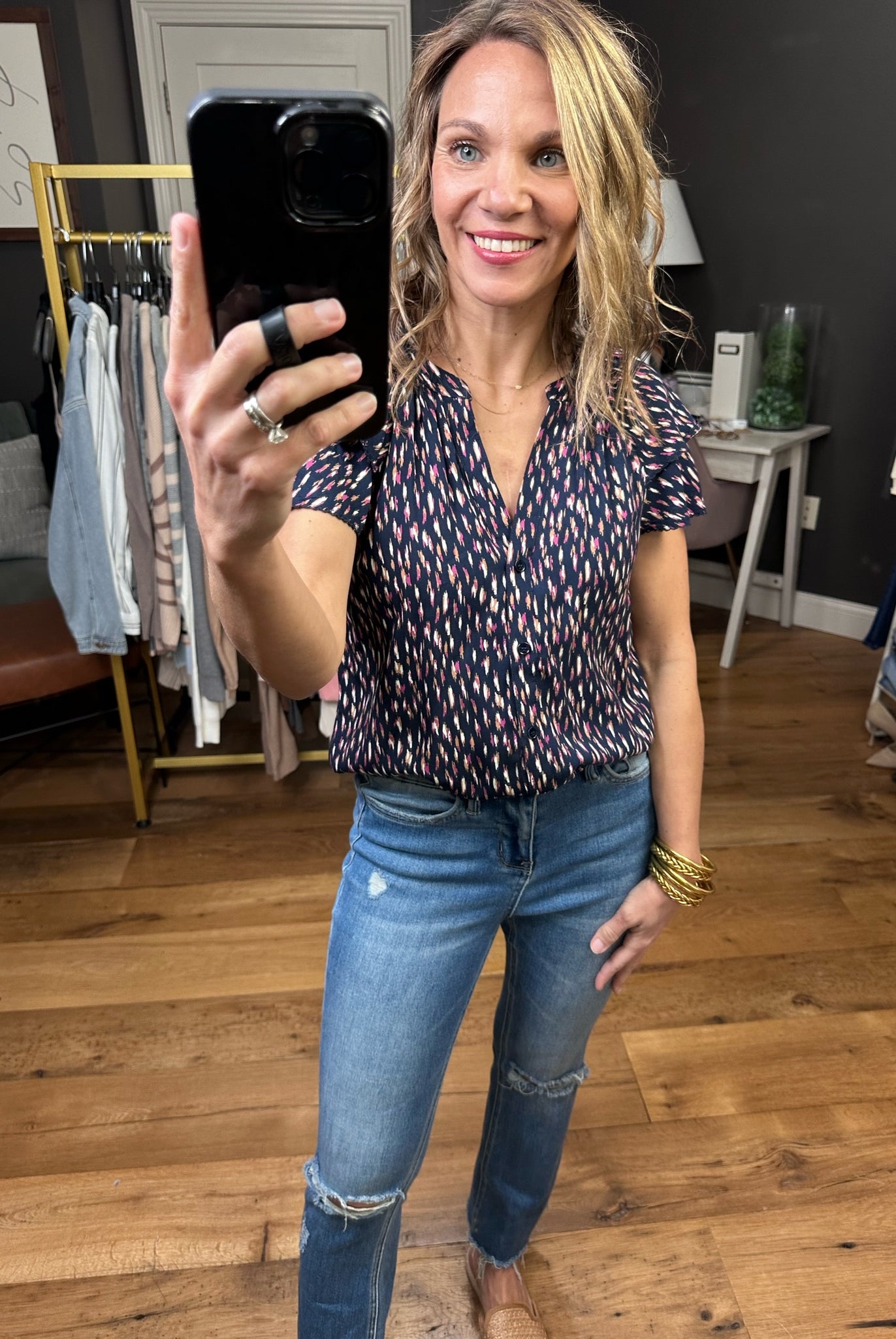 In The Best Way Flutter Sleeve Patterned Top - Navy-Short Sleeves-Skies ArE Blue 45306-Anna Kaytes Boutique, Women's Fashion Boutique in Grinnell, Iowa