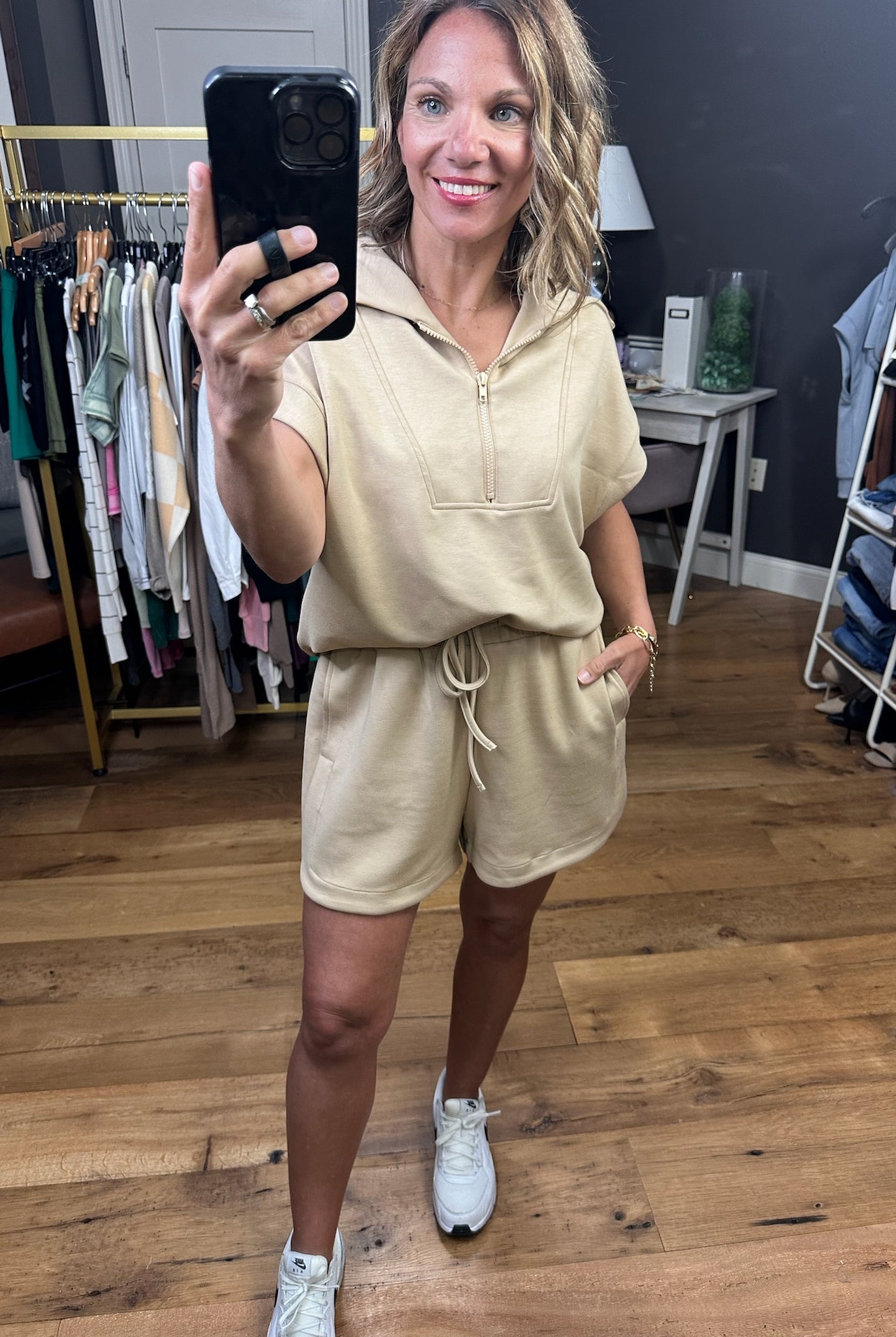 In Charge Scuba 1/2 Zip + Short Set - Taupe-Two Piece Set-Wishlist-Anna Kaytes Boutique, Women's Fashion Boutique in Grinnell, Iowa
