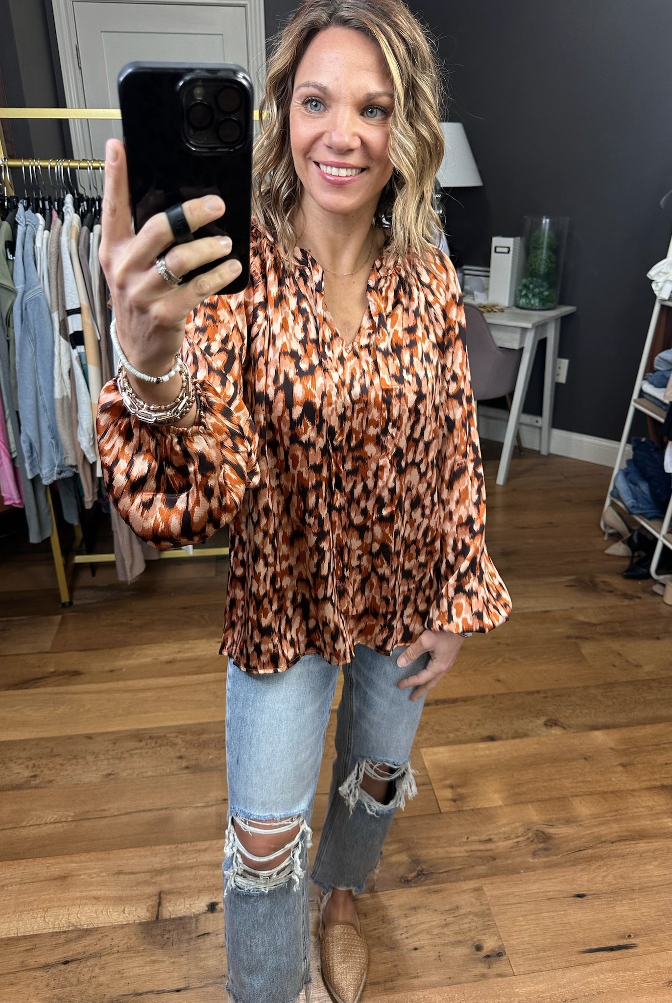 Clock Is Ticking Patterned Balloon Sleeve Top - Brown Multi-Long Sleeves-Skies Are Blue 43636-Anna Kaytes Boutique, Women's Fashion Boutique in Grinnell, Iowa