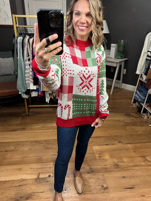 Christmas Joy Patchwork Sweater - Red/Green-Staccato 54279-Anna Kaytes Boutique, Women's Fashion Boutique in Grinnell, Iowa