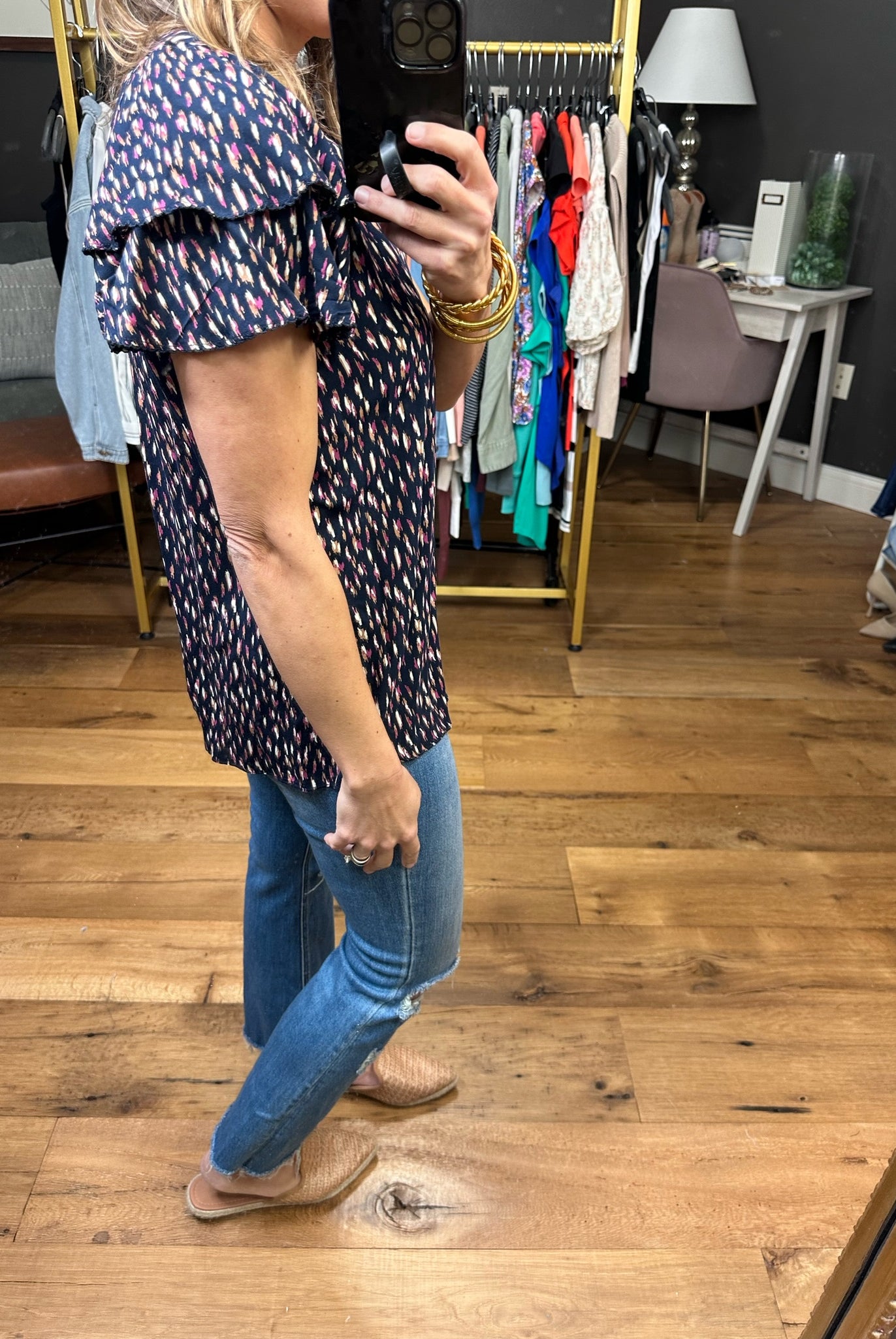 In The Best Way Flutter Sleeve Patterned Top - Navy-Short Sleeves-Skies ArE Blue 45306-Anna Kaytes Boutique, Women's Fashion Boutique in Grinnell, Iowa