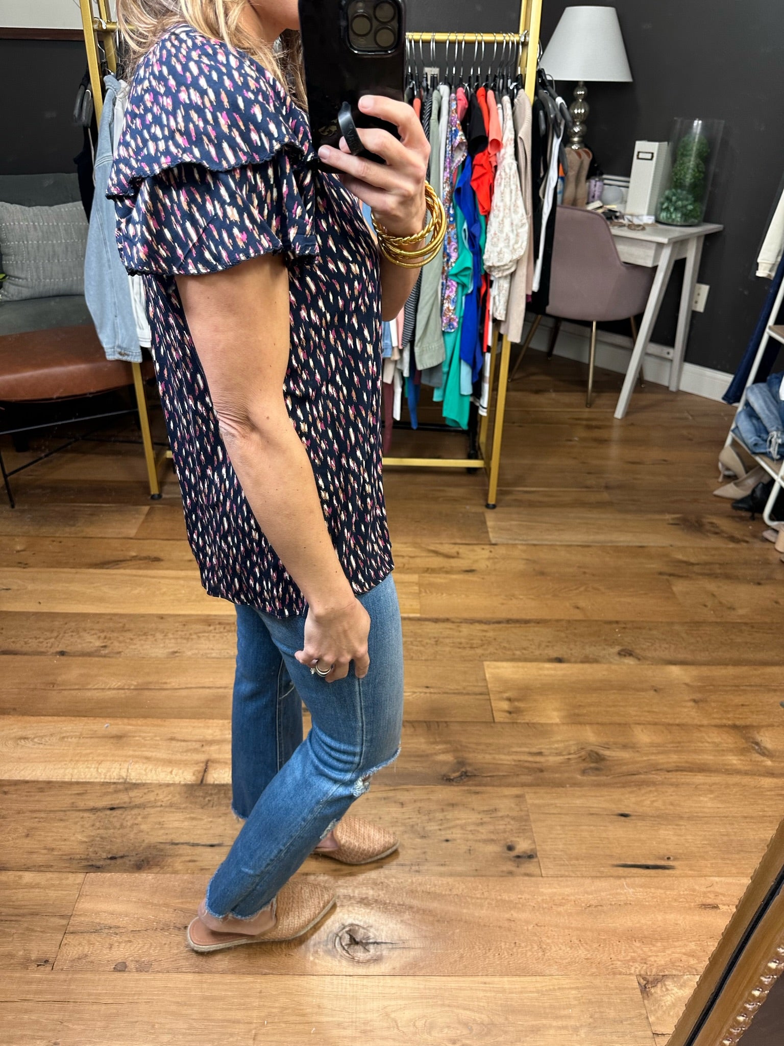 In The Best Way Flutter Sleeve Patterned Top - Navy-Short Sleeves-Skies ArE Blue 45306-Anna Kaytes Boutique, Women's Fashion Boutique in Grinnell, Iowa