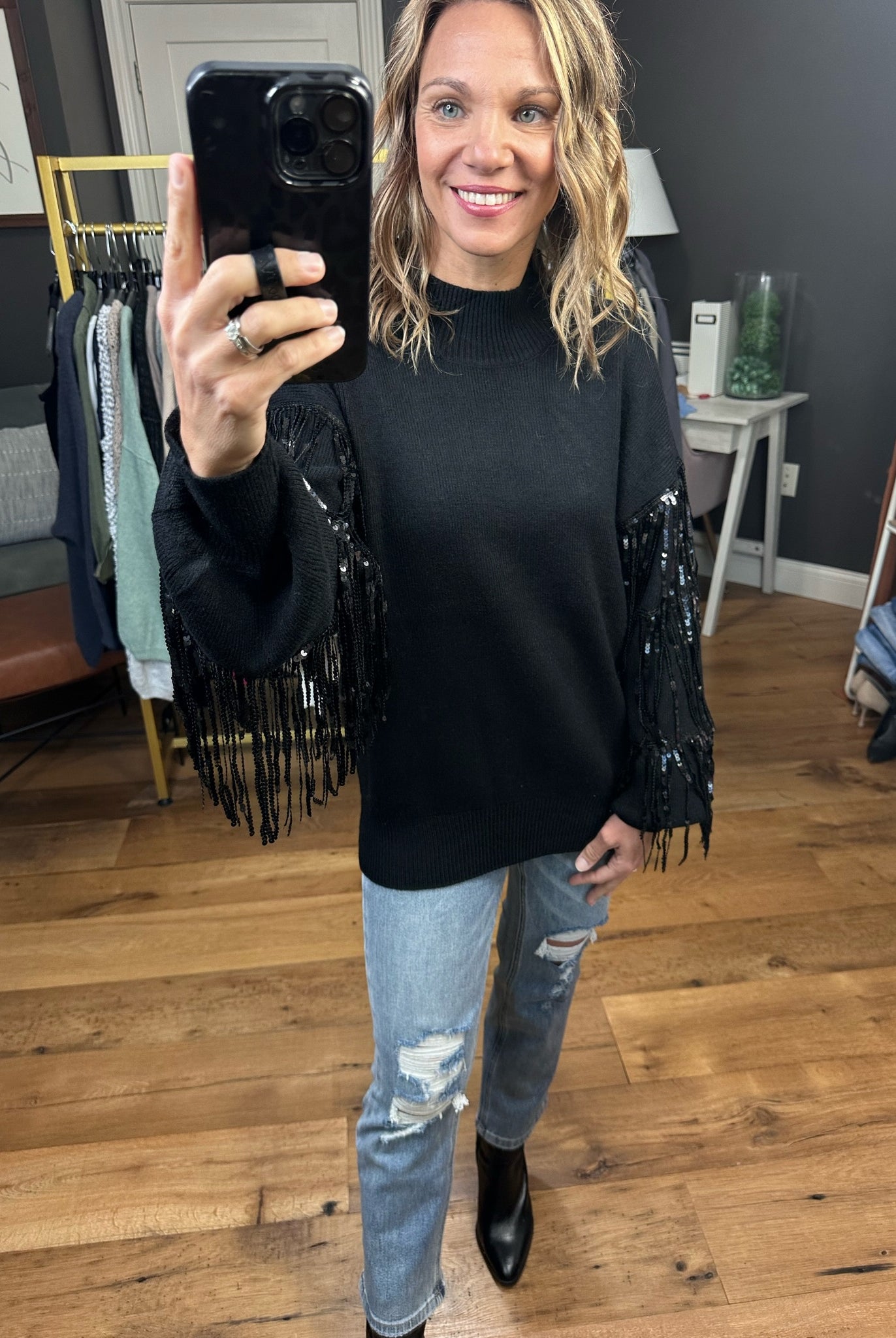 The Right Moves Fringe + Sequin Sleeve Sweater - Black-Sweaters-Listicle LSW0834-Anna Kaytes Boutique, Women's Fashion Boutique in Grinnell, Iowa