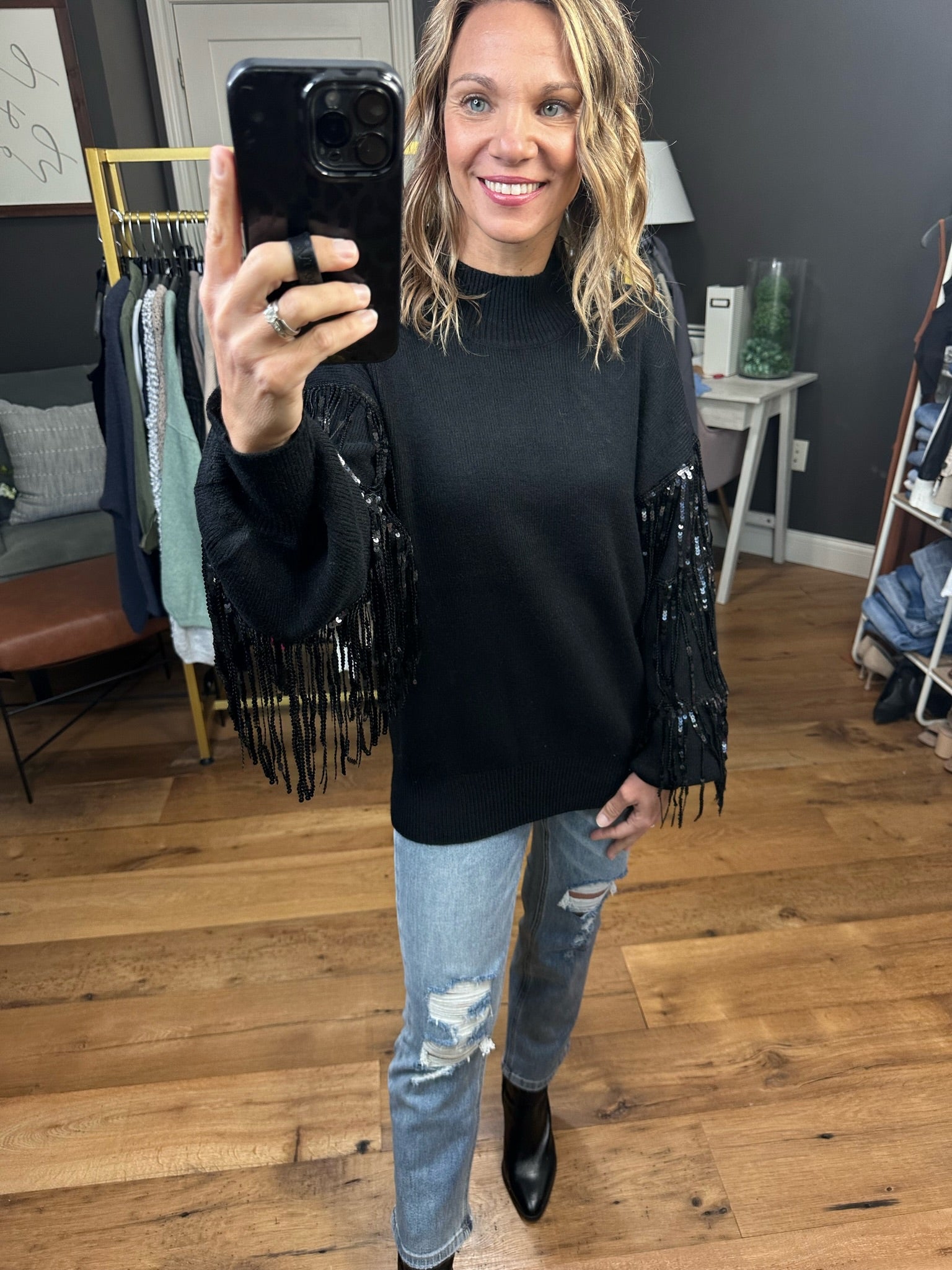 The Right Moves Fringe + Sequin Sleeve Sweater - Black-Sweaters-Listicle LSW0834-Anna Kaytes Boutique, Women's Fashion Boutique in Grinnell, Iowa