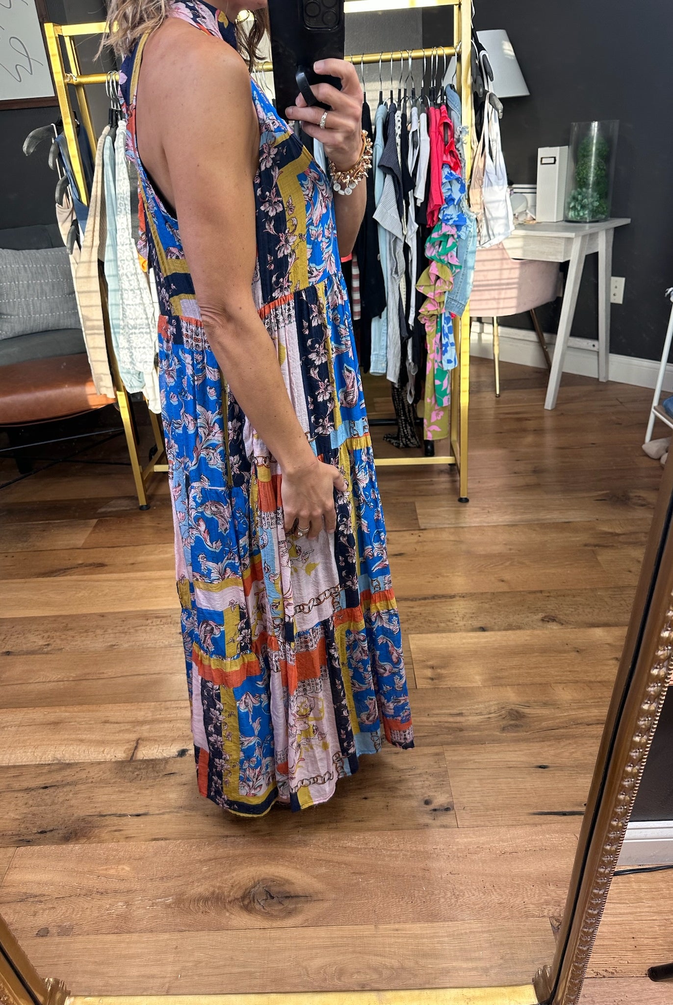 Heart of Gold High-Neck Patchwork Dress - Blue Combo-Dresses-Entro-Anna Kaytes Boutique, Women's Fashion Boutique in Grinnell, Iowa