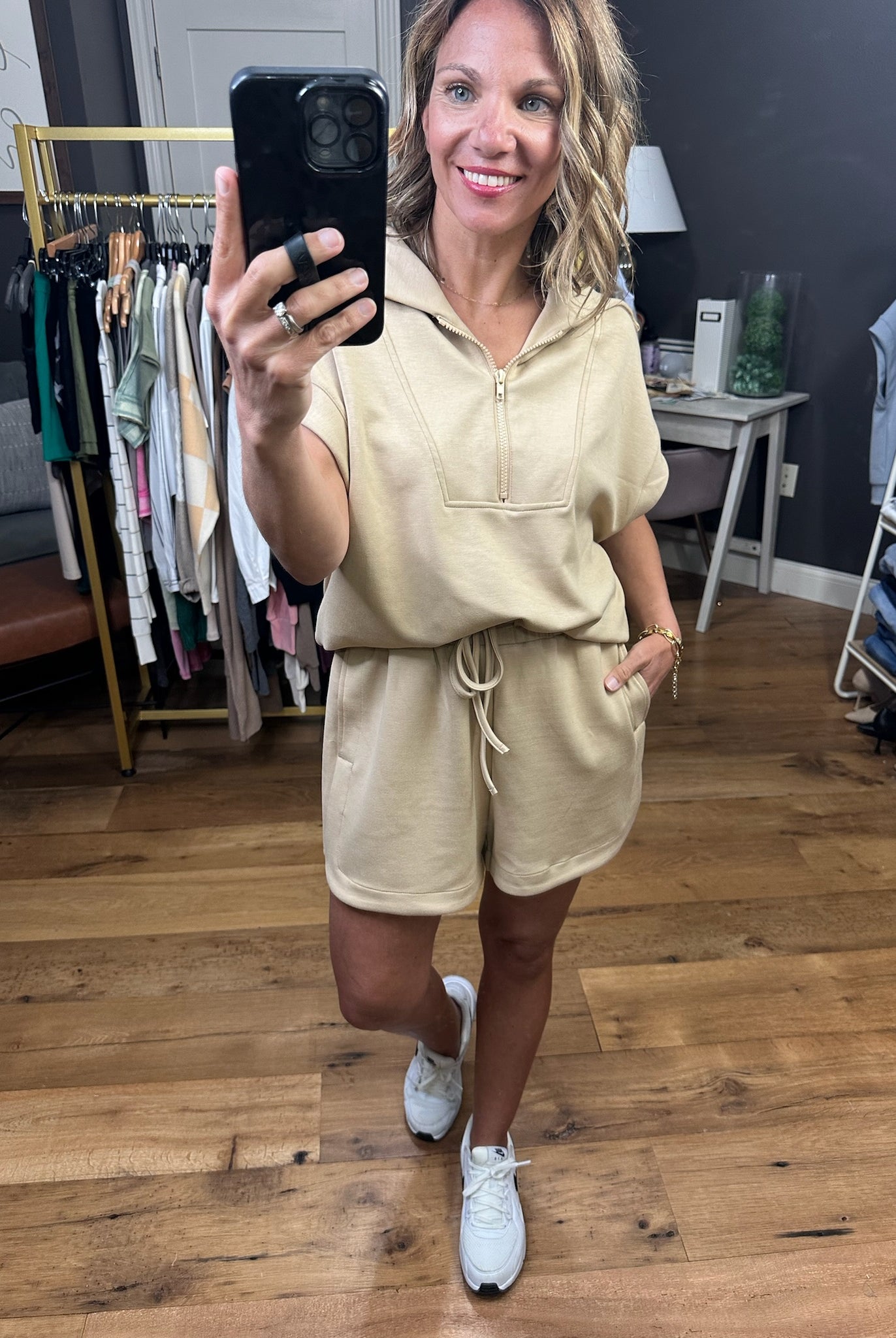 In Charge Scuba 1/2 Zip + Short Set - Taupe-Two Piece Set-Wishlist-Anna Kaytes Boutique, Women's Fashion Boutique in Grinnell, Iowa