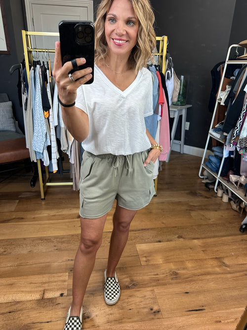 Once In Awhile Pocket Cargo Shorts - Olive-Wishlist-Anna Kaytes Boutique, Women's Fashion Boutique in Grinnell, Iowa