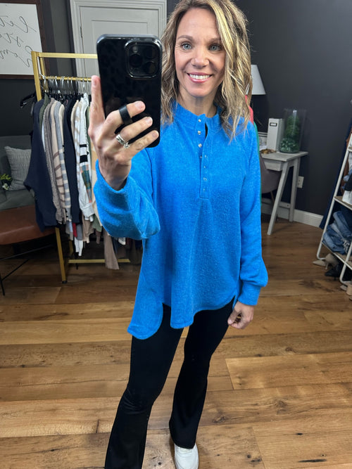 Back & Forth Brushed Fleece Henley - Ocean Blue-Zenana HT-2321A-Anna Kaytes Boutique, Women's Fashion Boutique in Grinnell, Iowa