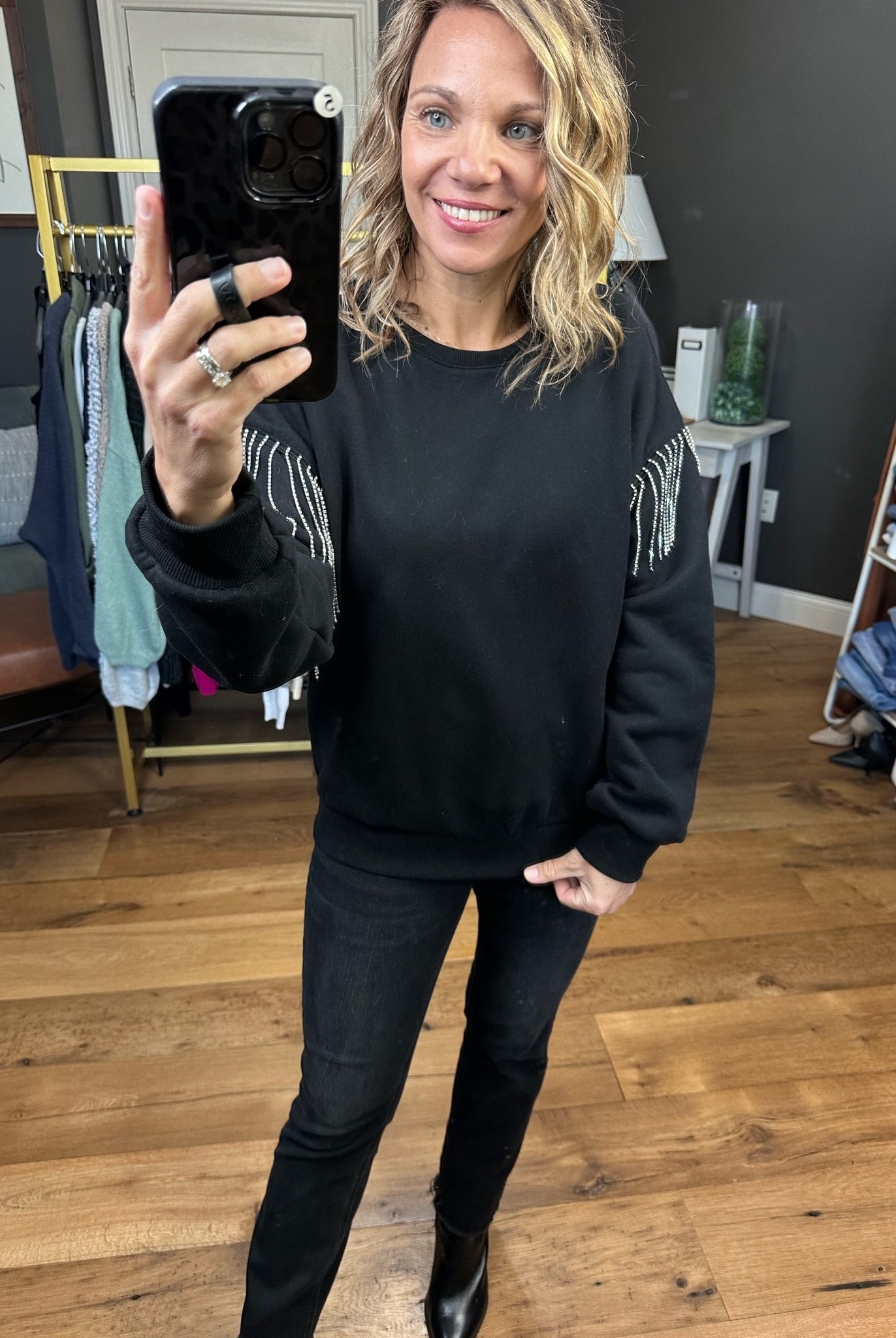 Feelin’ Alright Rhinestone Sleeve Crew - Black-Long Sleeves-Skies Are Blue 45499-Anna Kaytes Boutique, Women's Fashion Boutique in Grinnell, Iowa