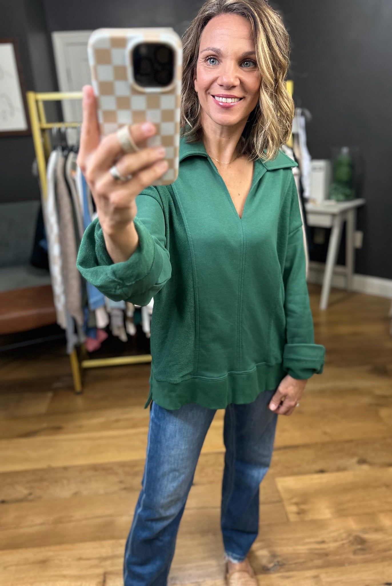 Going For It V-Neck Collared Pullover - Hunter Green-Entro-Anna Kaytes Boutique, Women's Fashion Boutique in Grinnell, Iowa