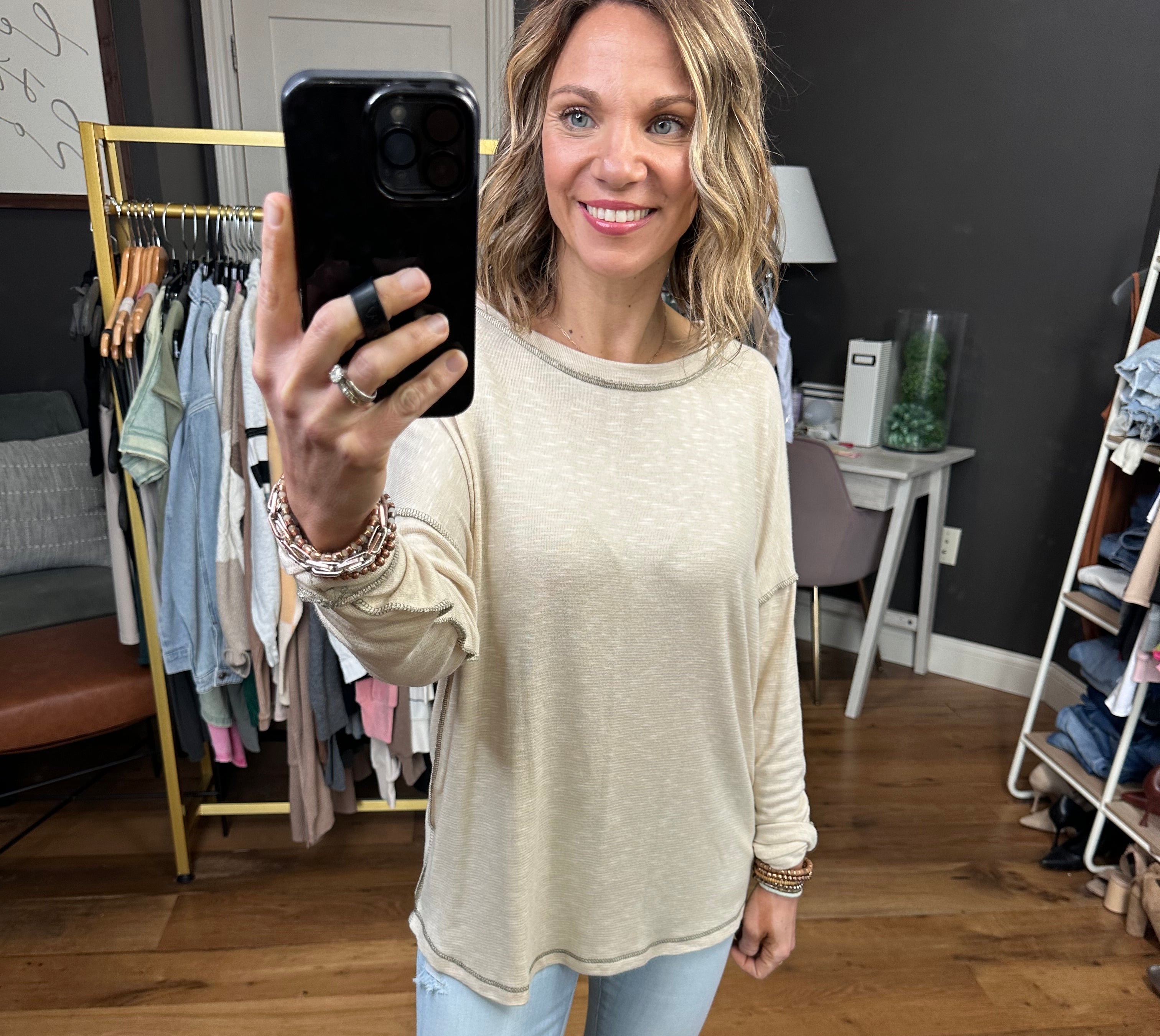True Already Washed Raw Hem Long Sleeve Top - Oatmeal-Long Sleeves-Staccato 17125c-Anna Kaytes Boutique, Women's Fashion Boutique in Grinnell, Iowa