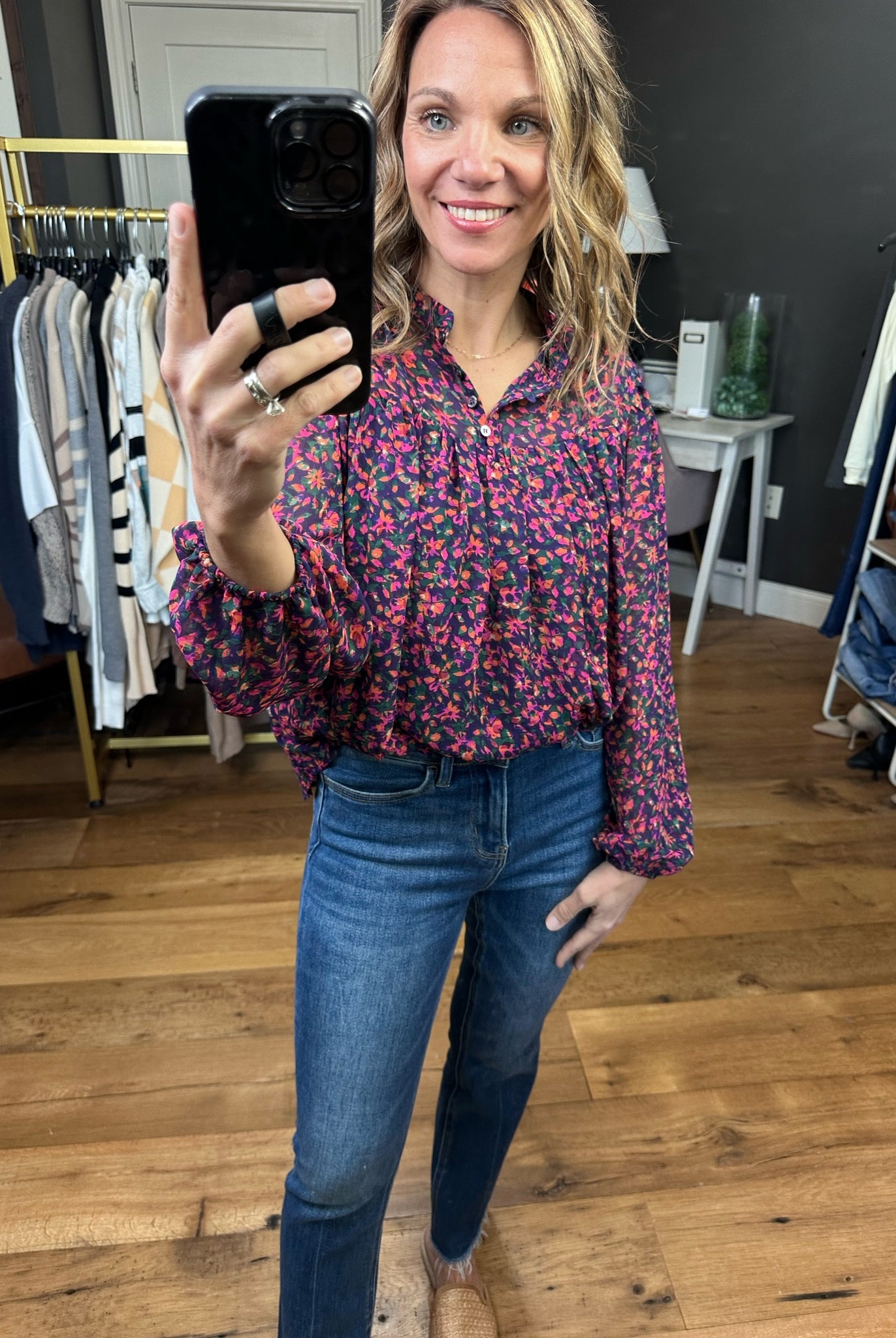 Seeing You Soon Floral Balloon Sleeve Top - Navy/Magenta-Long Sleeves-Skies Are Blue 45289-Anna Kaytes Boutique, Women's Fashion Boutique in Grinnell, Iowa