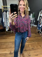 Seeing You Soon Floral Balloon Sleeve Top - Navy/Magenta-Long Sleeves-Skies Are Blue 45289-Anna Kaytes Boutique, Women's Fashion Boutique in Grinnell, Iowa